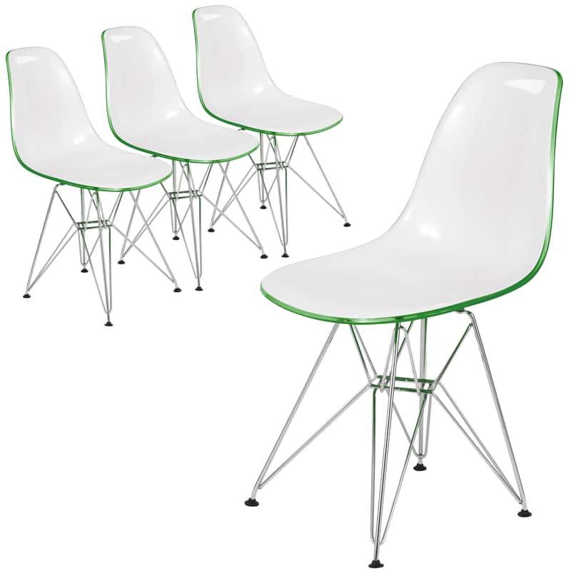 LeisureMod - Cresco 4-Pieces Ergonomic Acrylic Dining Chair with Chrome Eiffel Base for Home or Office - White Green