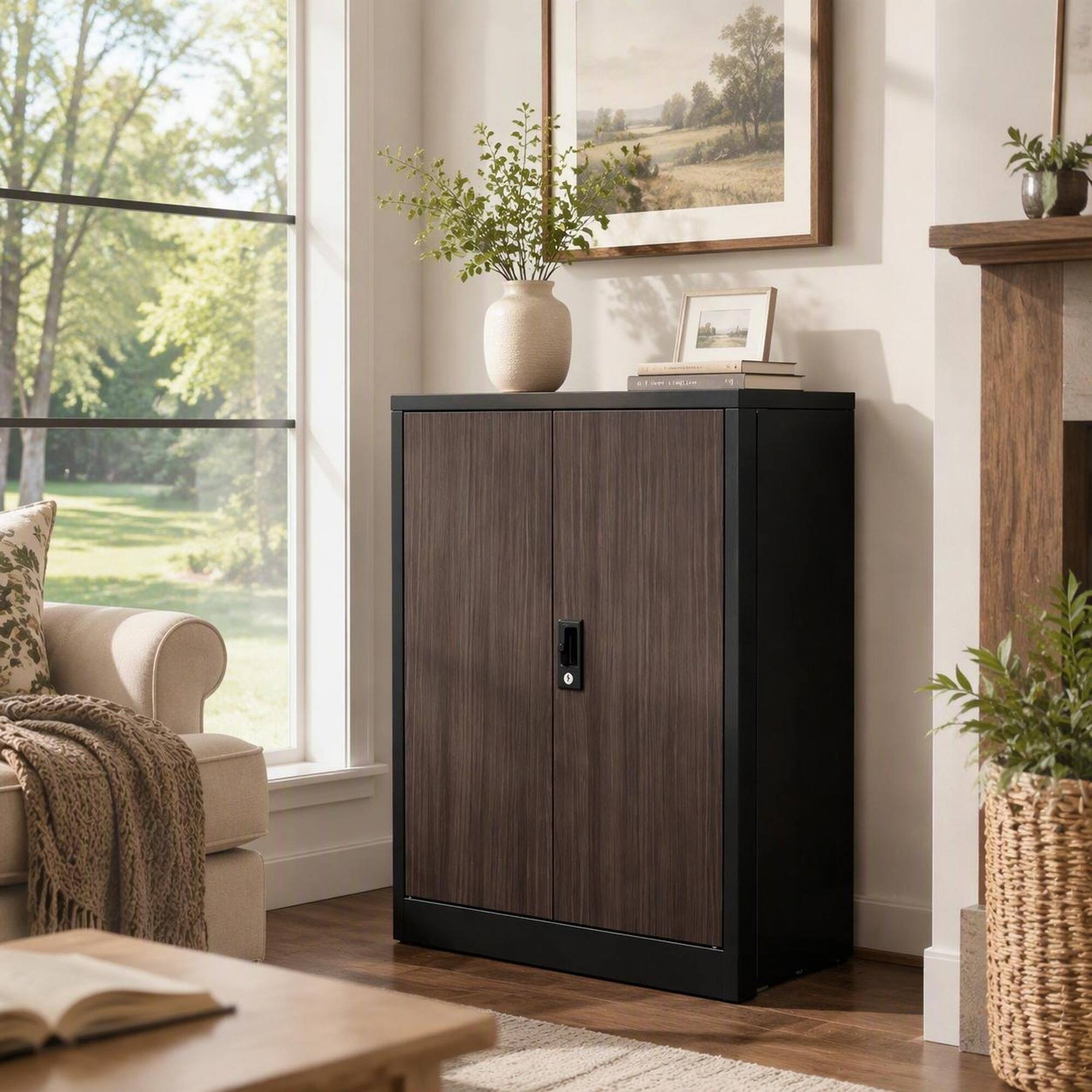 Angle. RYHNUYNE - Metal Storage Cabinet Folding Filing Storage Cabinet with Locking Doors and Adjustable Shelf for Home Office School - Black.