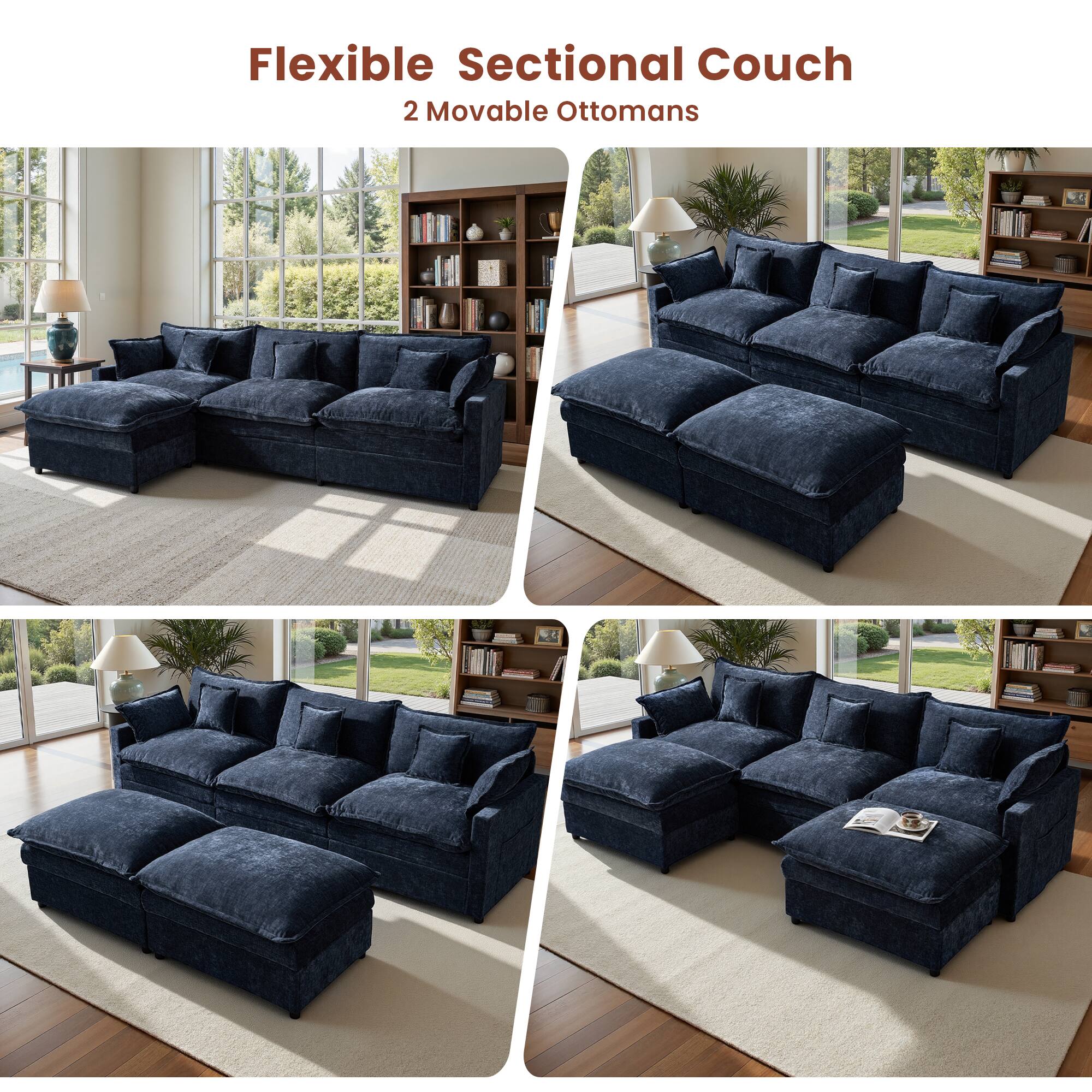 Flexible Sectional Couch  
2 Movable Ottomans