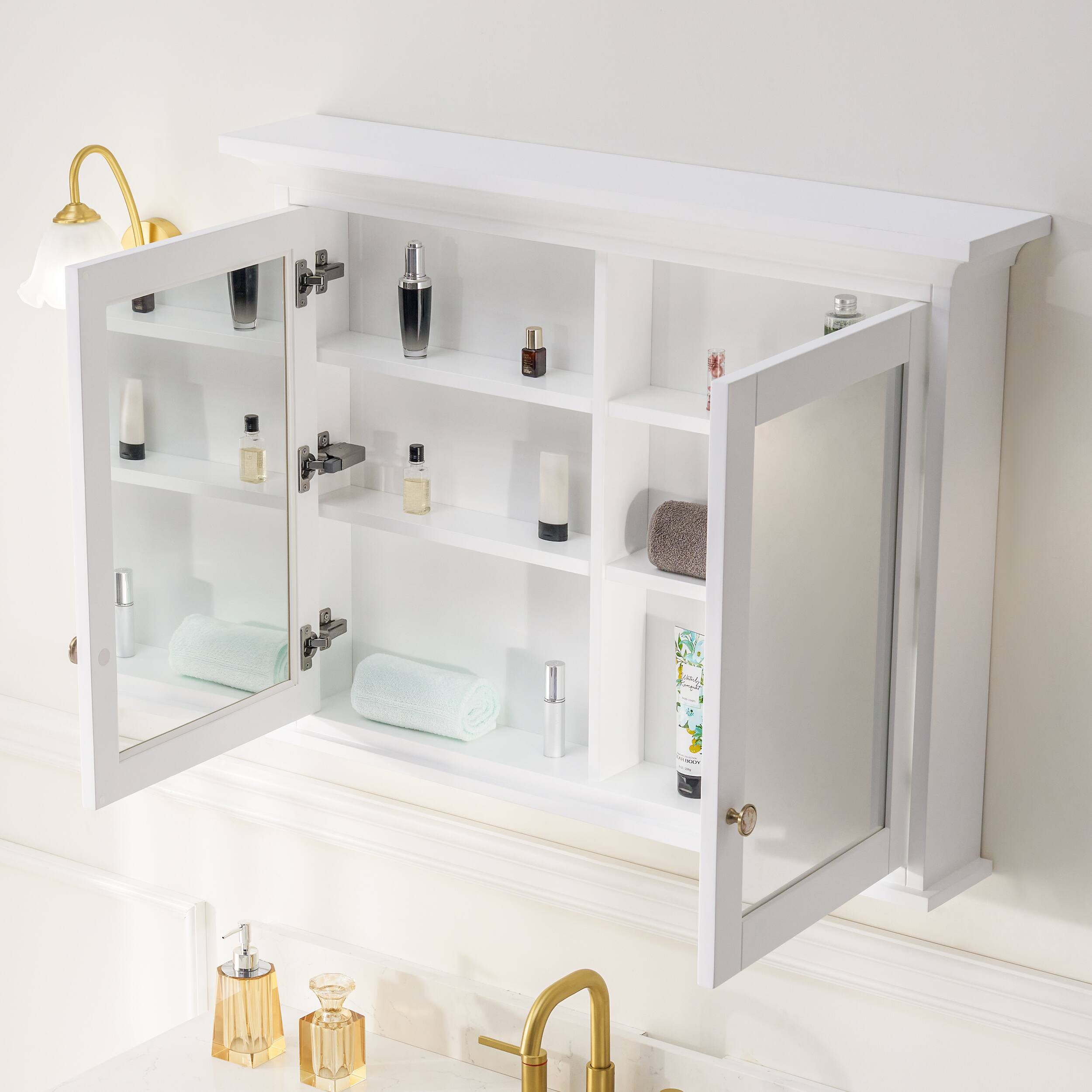 Angle. WELLFOR - 40 in. W x 30 in. H Rectangular Solid Wood Medicine Cabinet with Mirror with Double Door - White.