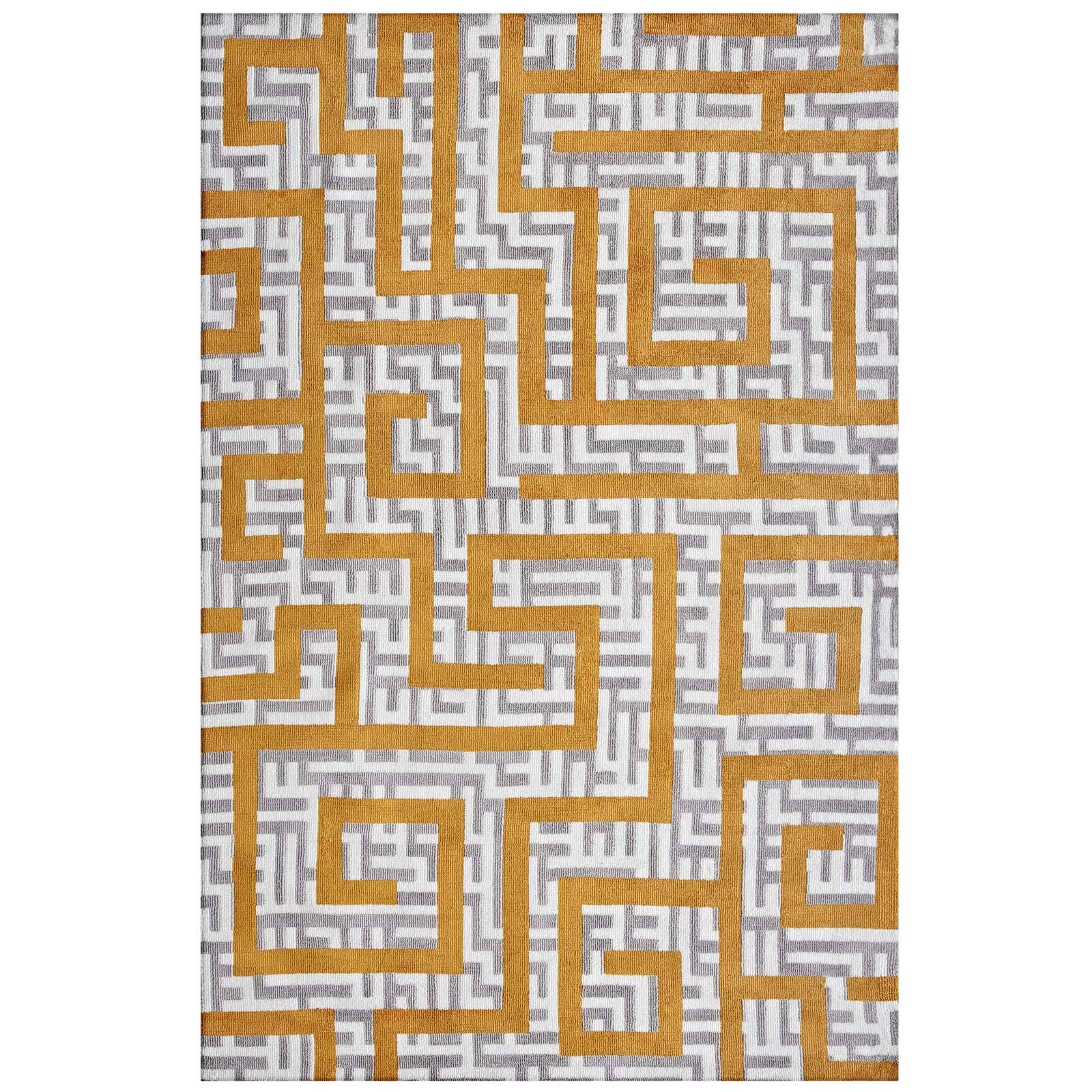 Angle. Modway - Nahia Geometric Maze Area Rug - Ivory Light Gray and Banana Yellow.