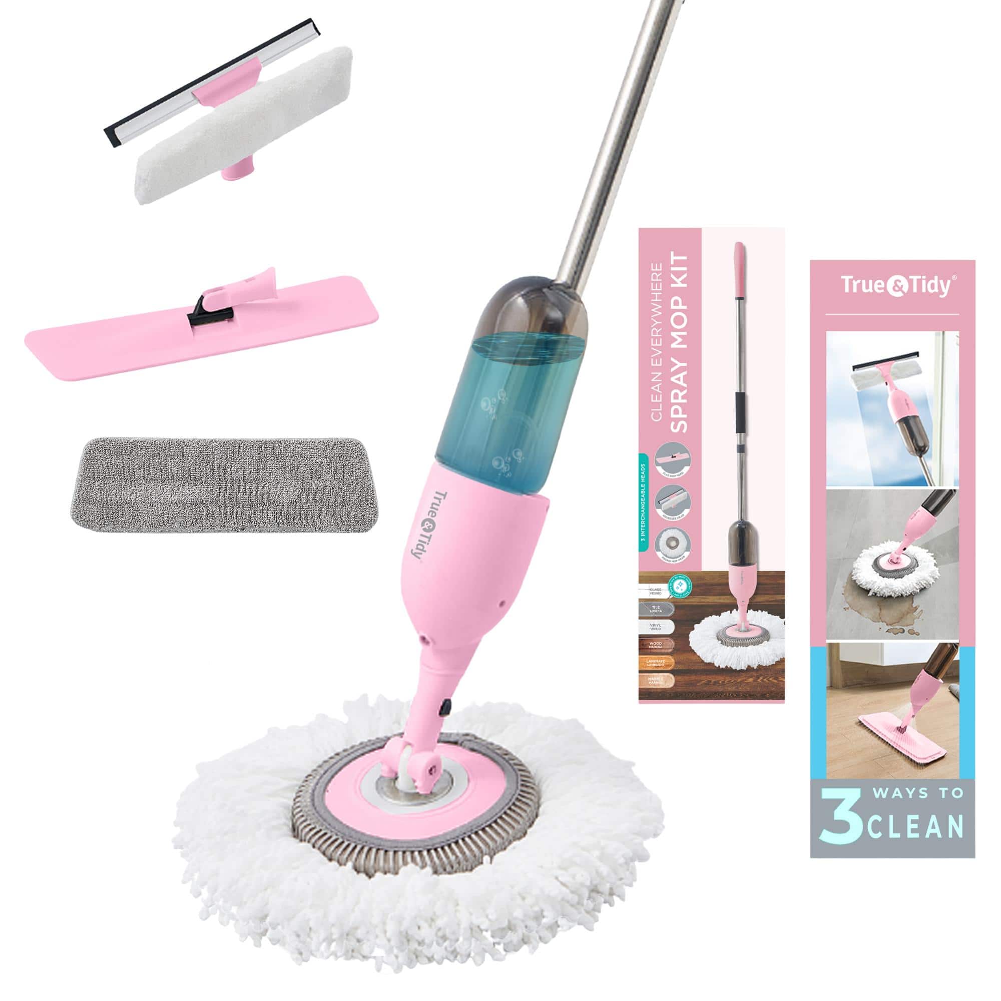True & Tidy - Spray Mop Kit With 3 Cleaning Attachments - Pink