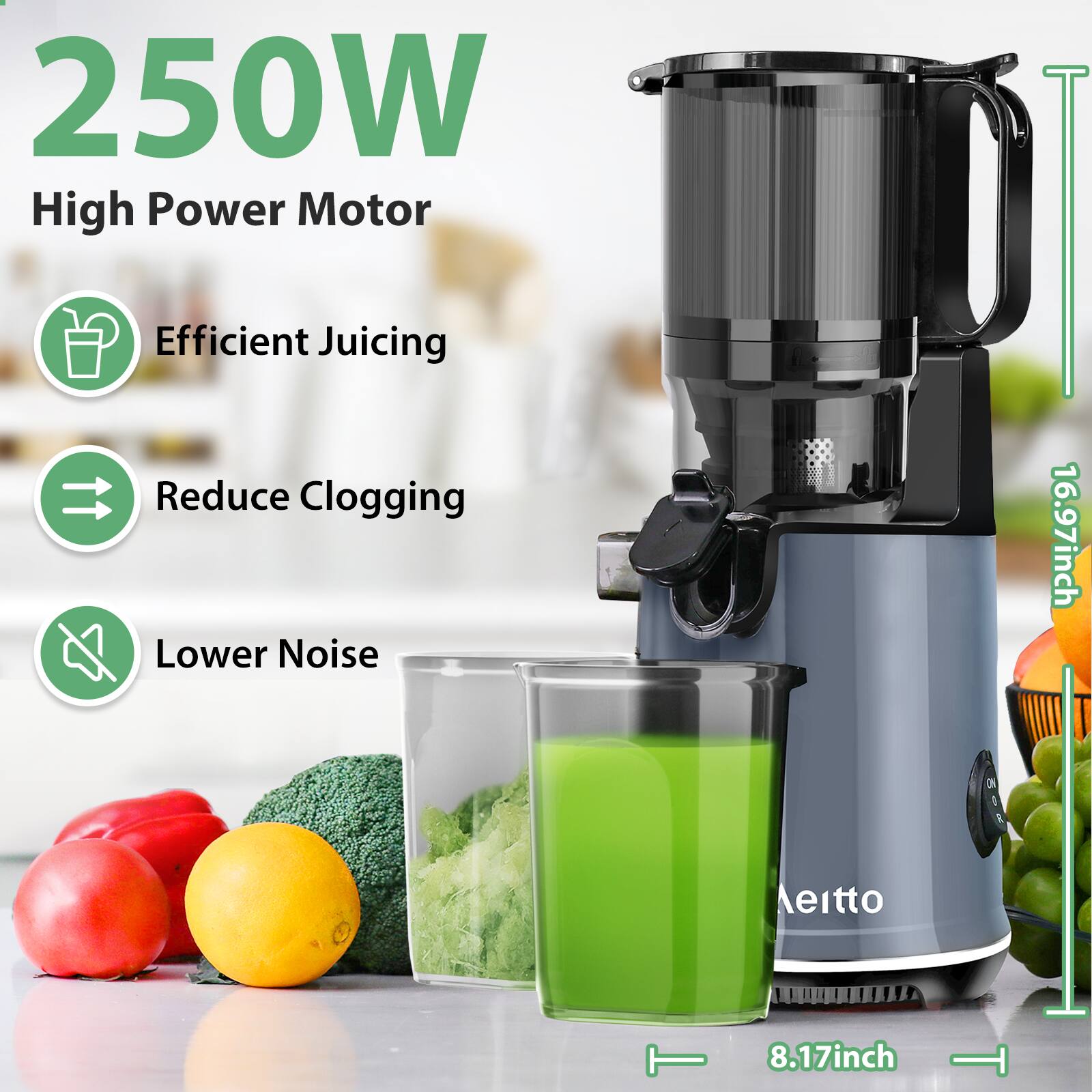 250W High Power Motor
Efficient Juicing
Reduce Clogging
Lower Noise
16.97inch
8.17inch
