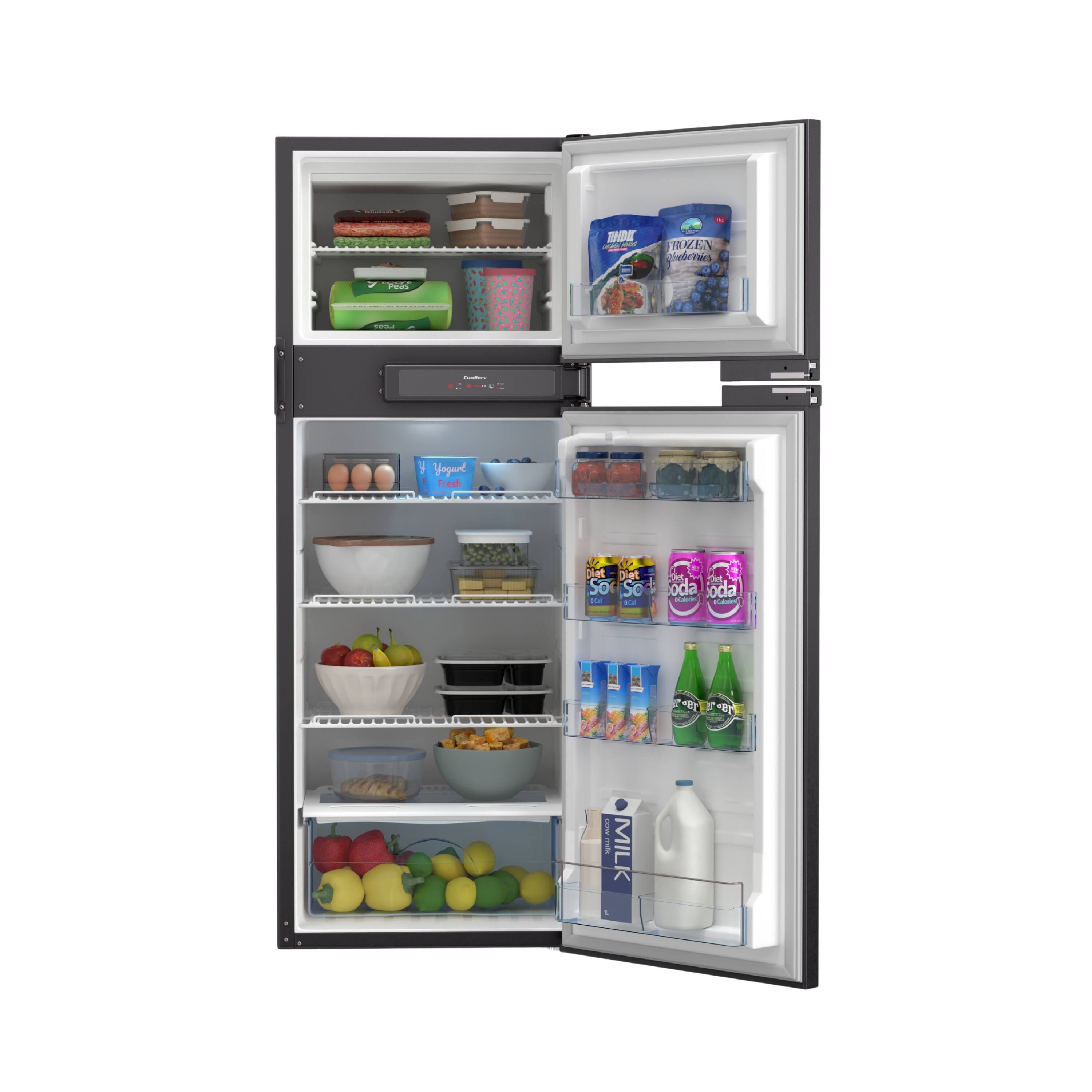 Sure, here is the corrected and grouped text from the image:

**Top Shelf (Freezer):**
- WILD
- FROZEN
- Blueberries

**Middle Shelf (Freezer):**
- POPS

**Bottom Shelf (Freezer):**
- Yogurt

**Top Shelf (Refrigerator):**
- Soda
- Soda

**Middle Shelf (Refrigerator):**
- Soda
- Soda
- Juice
- Juice

**Bottom Shelf (Refrigerator):**
- Milk

**Door (Refrigerator):**
- Milk