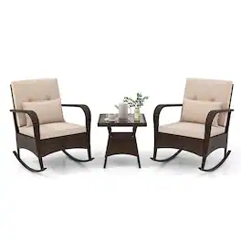 Gymax - 3PCS Outdoor Rocking Set Rattan Rocker Chairs w/ Tempered Glass Coffee Table Wicker Rocker Set - Brown