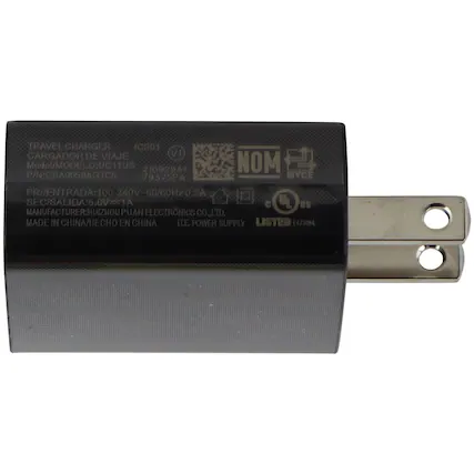 TRAVEL CHARGER ICS01
CARGADOR DE VIAJE VI
Model/MODELO: UC11US 210929A1
PIN: CBA0058AGTC5 79375PA
PRI/ENTRADA: 100-240V-50/60Hz 0.2A
SEC/SALIDA: 5.0V 1A
MANUFACTURER: HUIZHOU PUAN ELECTRONICS CO., LTD.
MADE IN CHINA/HECHO EN CHINA
ITE POWER SUPPLY LISTED E473094