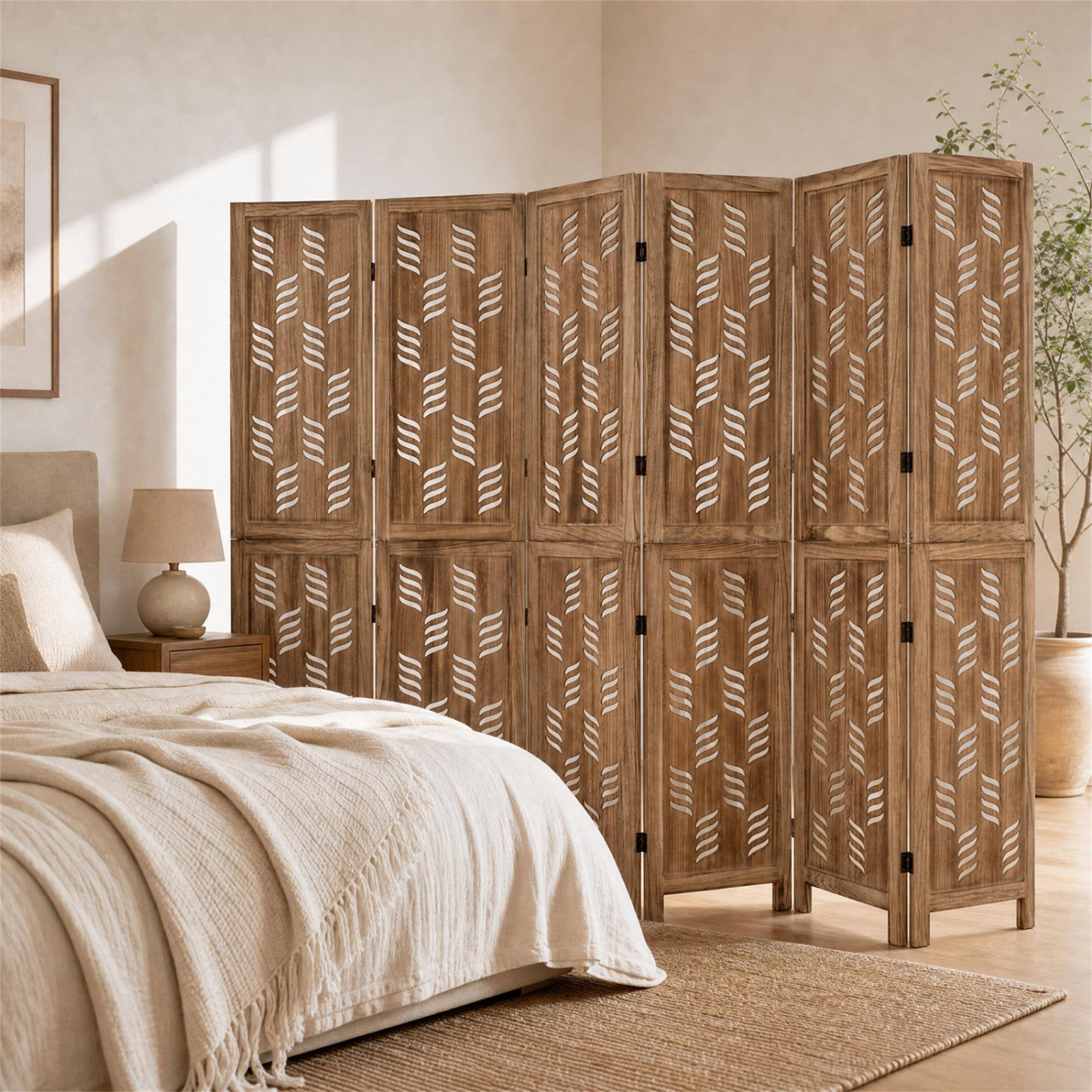 Alt View 3. Boyel Living - 5.5 FT Tall Room Divider 6 Panels with Wave Cutout & Paulownia Frame for Room-Brown - Brown.