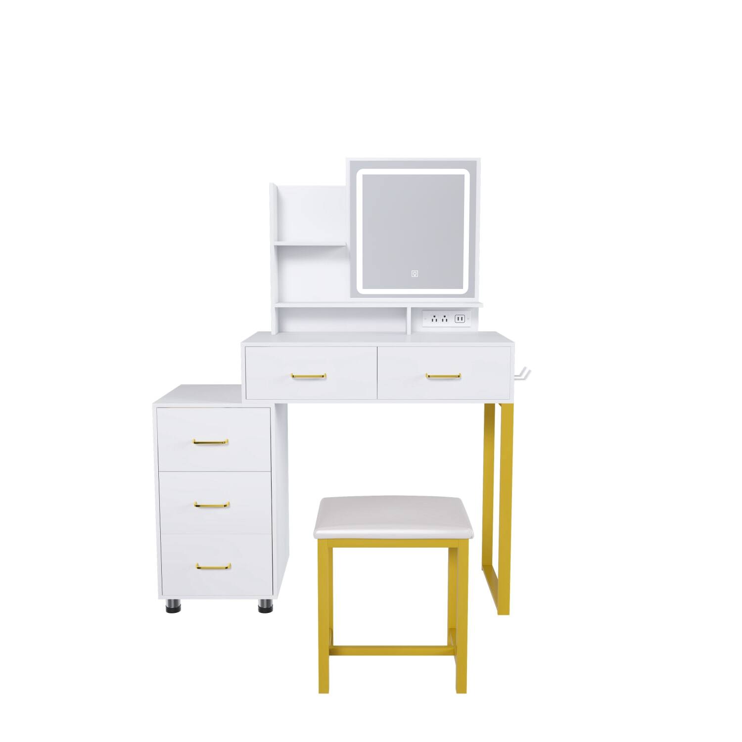 Alt View 5. Lirago - White Wood Dressing Table with Mirror Makeup Vanities with LED Lights Power Outlet 5 Drawers - White.