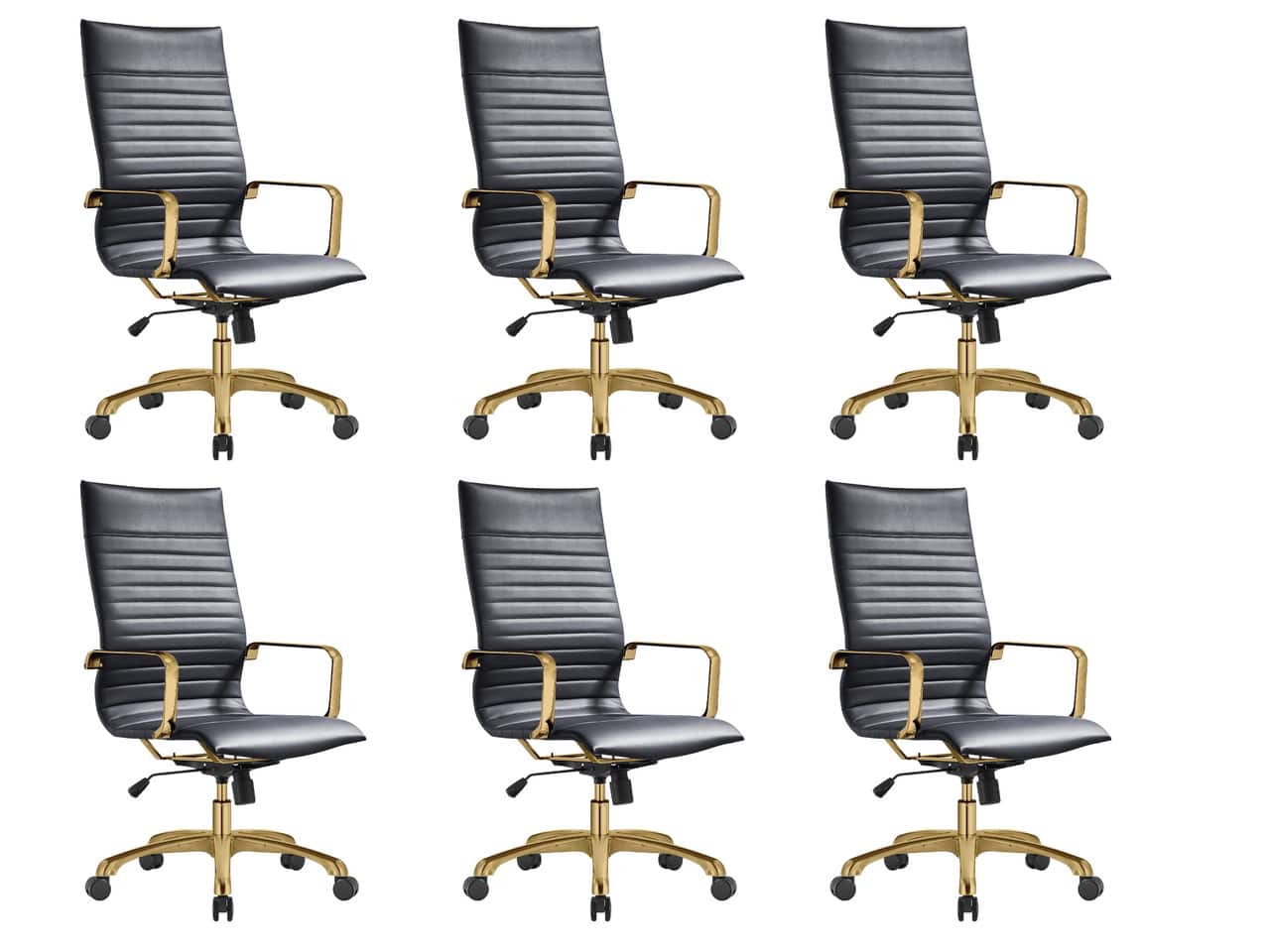 Front. LeisureMod - Set of 6 Harris High-Back Leather Upholstered Office Task Chair with Gold Steel Frame and Swivel - Black.