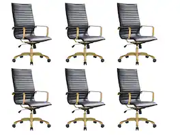 LeisureMod - Set of 6 Harris High-Back Leather Upholstered Office Task Chair with Gold Steel Frame and Swivel - Black