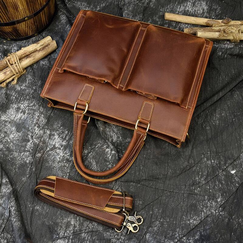 Back. Steel Horse Leather - The Dagmar Leather Briefcase | Vintage Leather Messenger Bag - Brown.