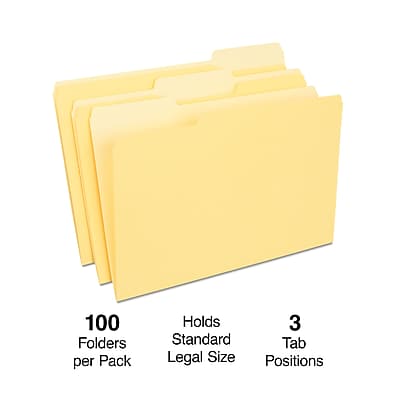 100 Folders per Pack  
Holds 3 Standard Tab Legal Size Positions
