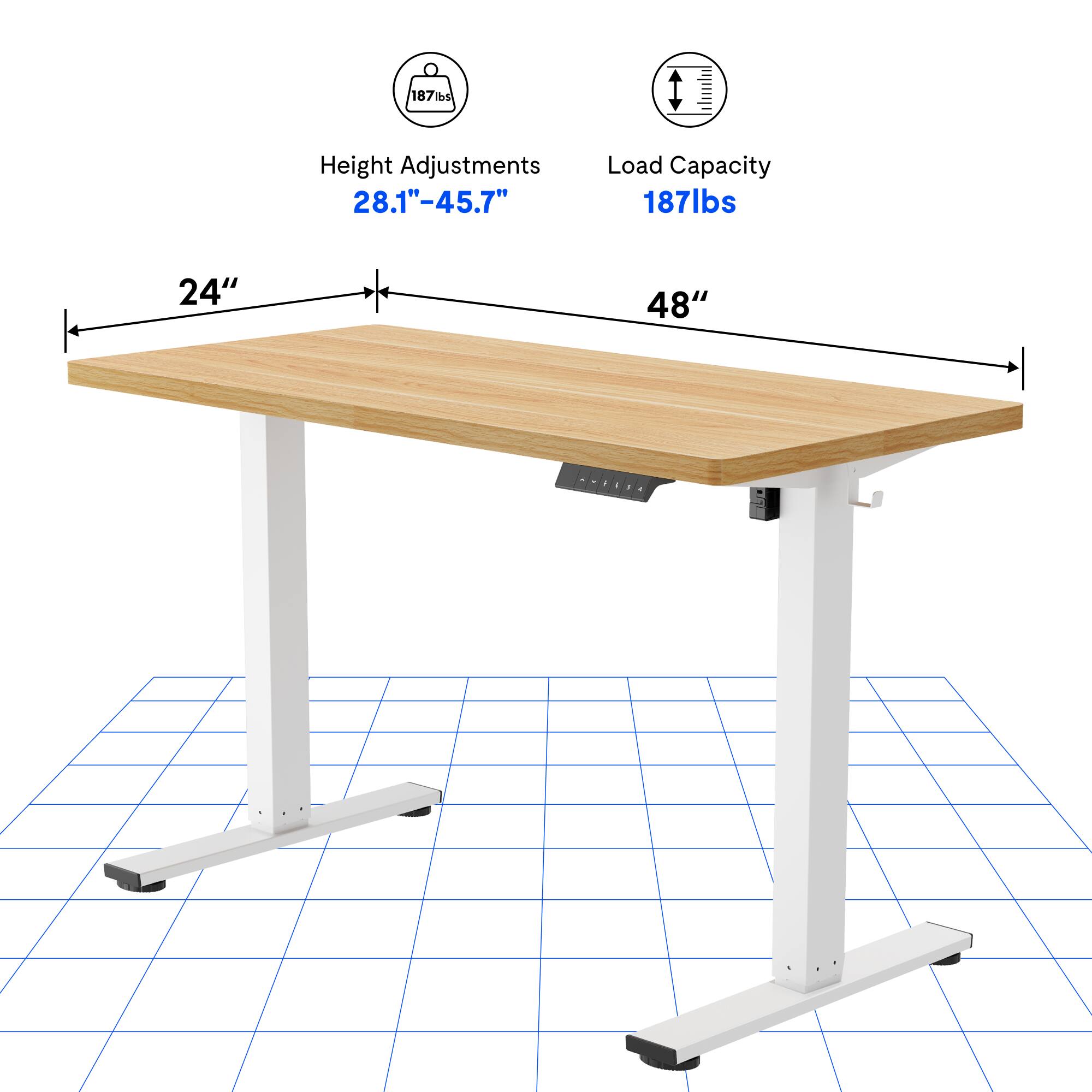187 lbs  
Height Adjustments: 28.1" - 45.7"  
Load Capacity: 187 lbs  
24" x 48"