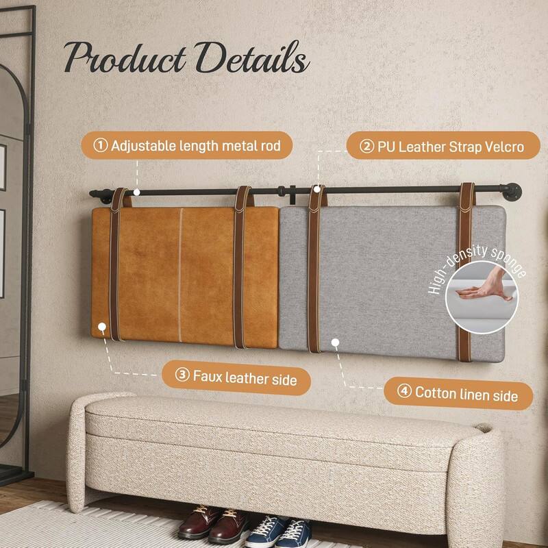 Product Details

1. Adjustable length metal rod
2. PU Leather Strap Velcro
3. Faux leather side
4. Cotton linen side

High-density sponge