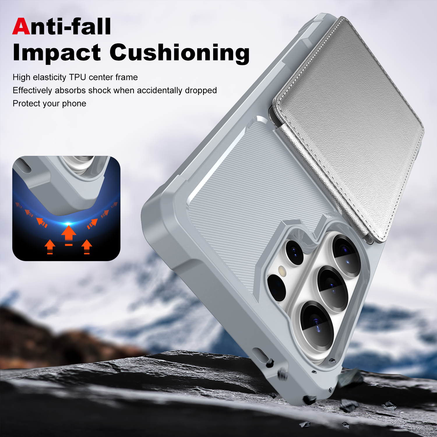 Anti-fall Impact Cushioning

High elasticity TPU center frame  
Effectively absorbs shock when accidentally dropped  
Protect your phone