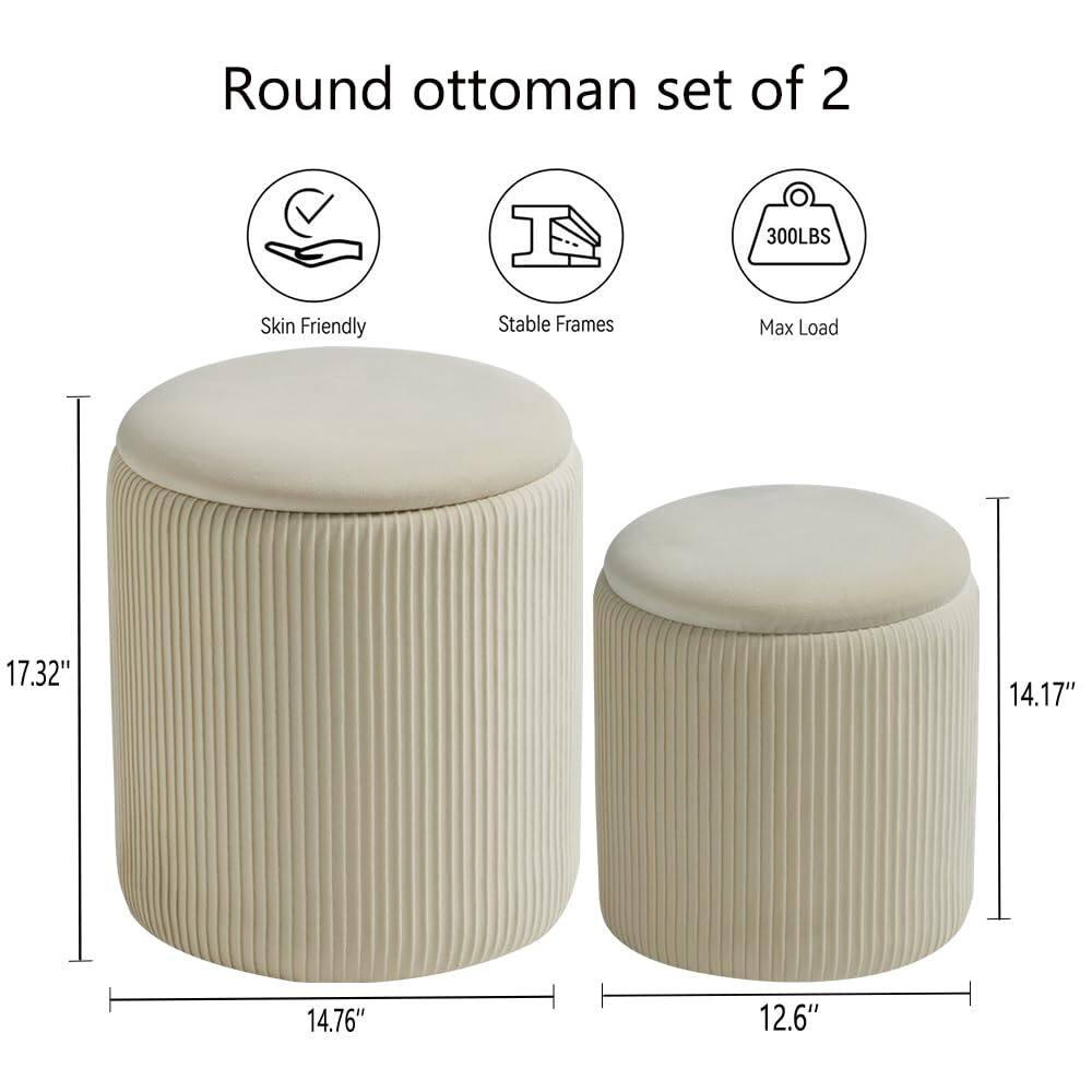 Round ottoman set of 2

- Skin Friendly
- Stable Frames
- Max Load 300LBS

Dimensions:
- 17.32" (height)
- 14.76" (diameter)
- 14.17" (height)
- 12.6" (diameter)