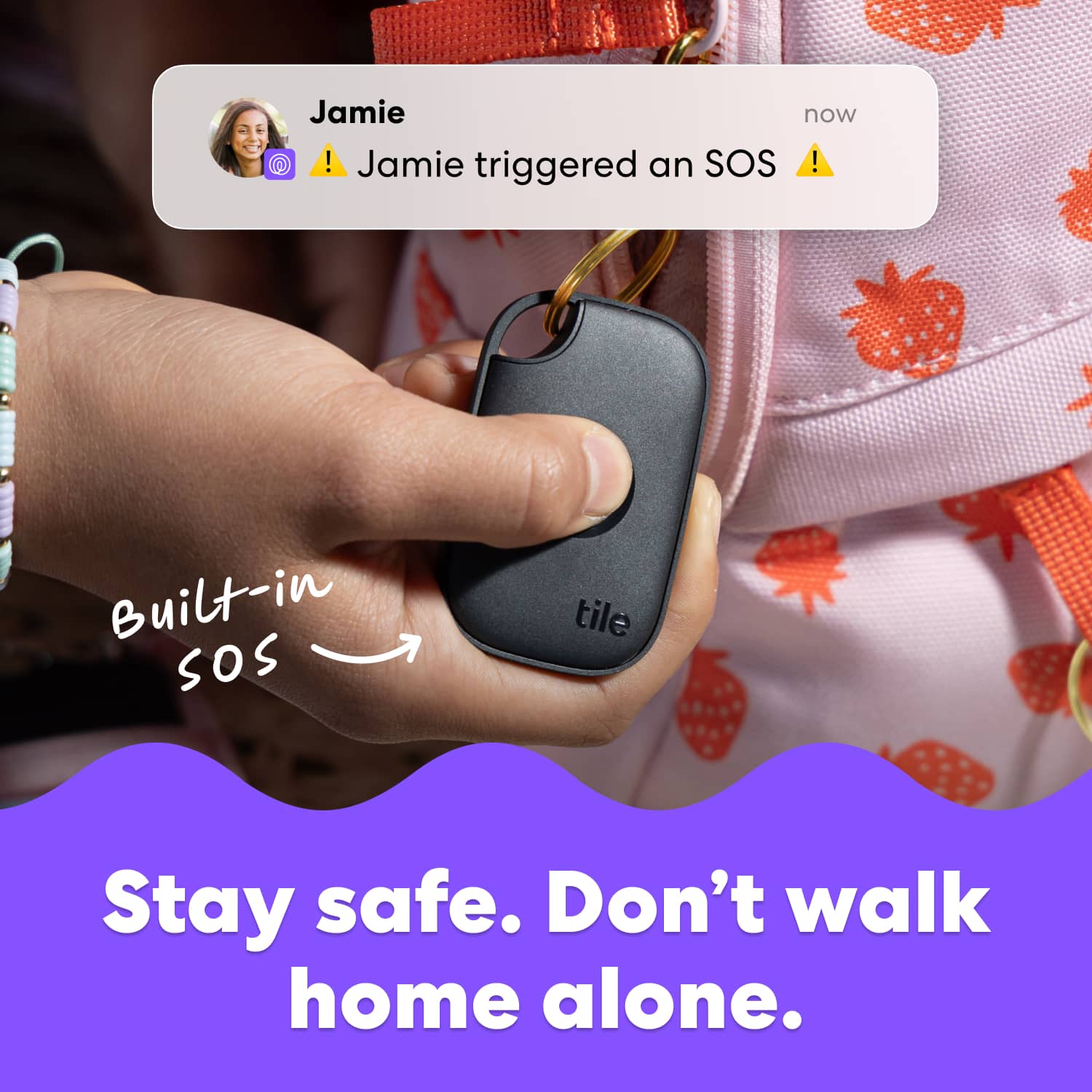 Jamie triggered an SOS. Built-in SOS tile. Stay safe. Don't walk home alone.