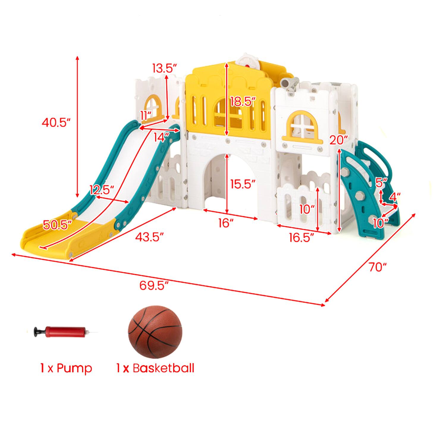 13.5"  
40.5"  
11"  
14"  
18.5"  
20"  
50.5"  
12.5"  
43.5"  
15.5"  
16"  
10"  
16.5"  
5"  
14"  
4"  
10"  
69.5"  
70"  

1 x Pump  
1 x Basketball