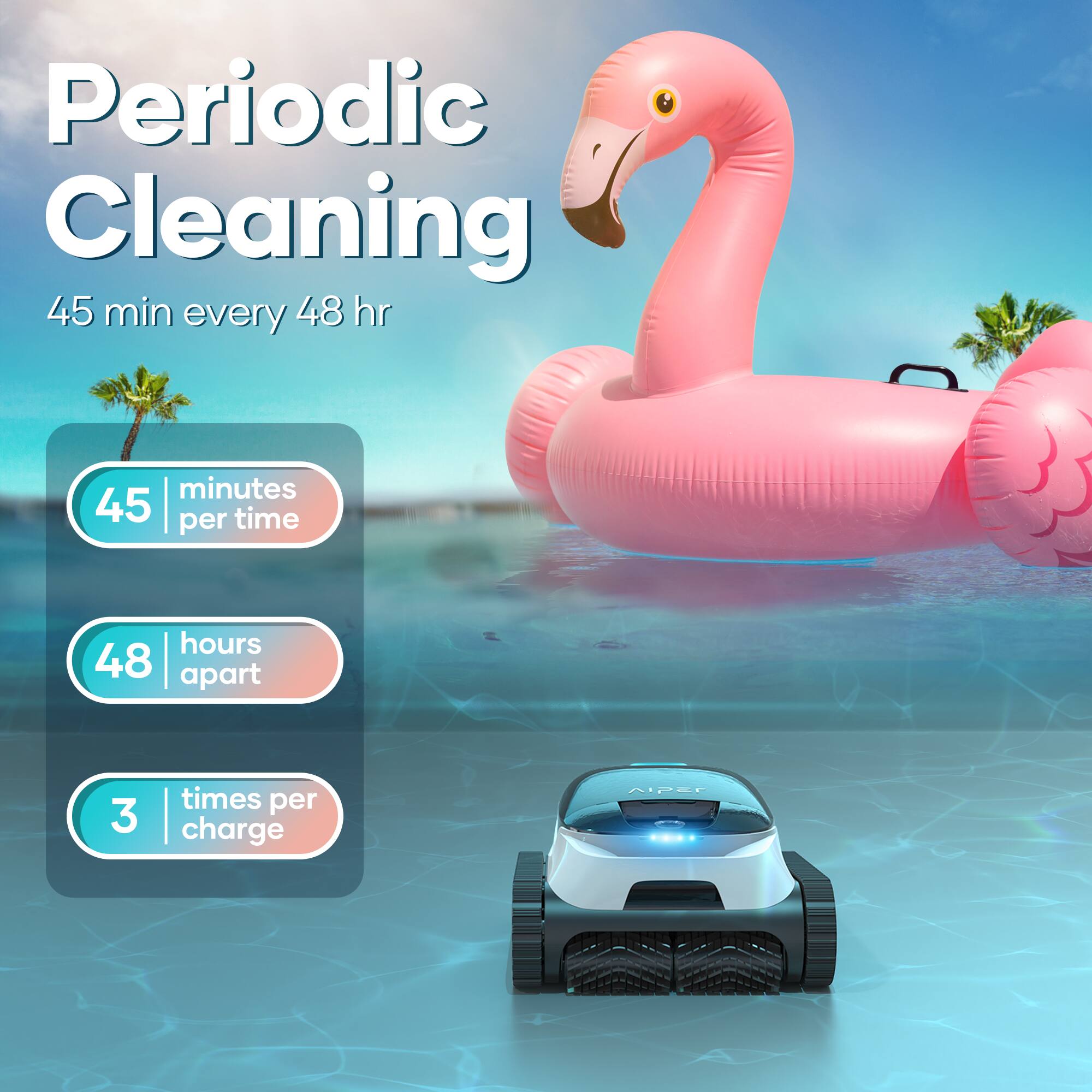 Periodic Cleaning: 45 minutes every 48 hours, 45 minutes per hour, 48 hours apart, 3 times per charge.