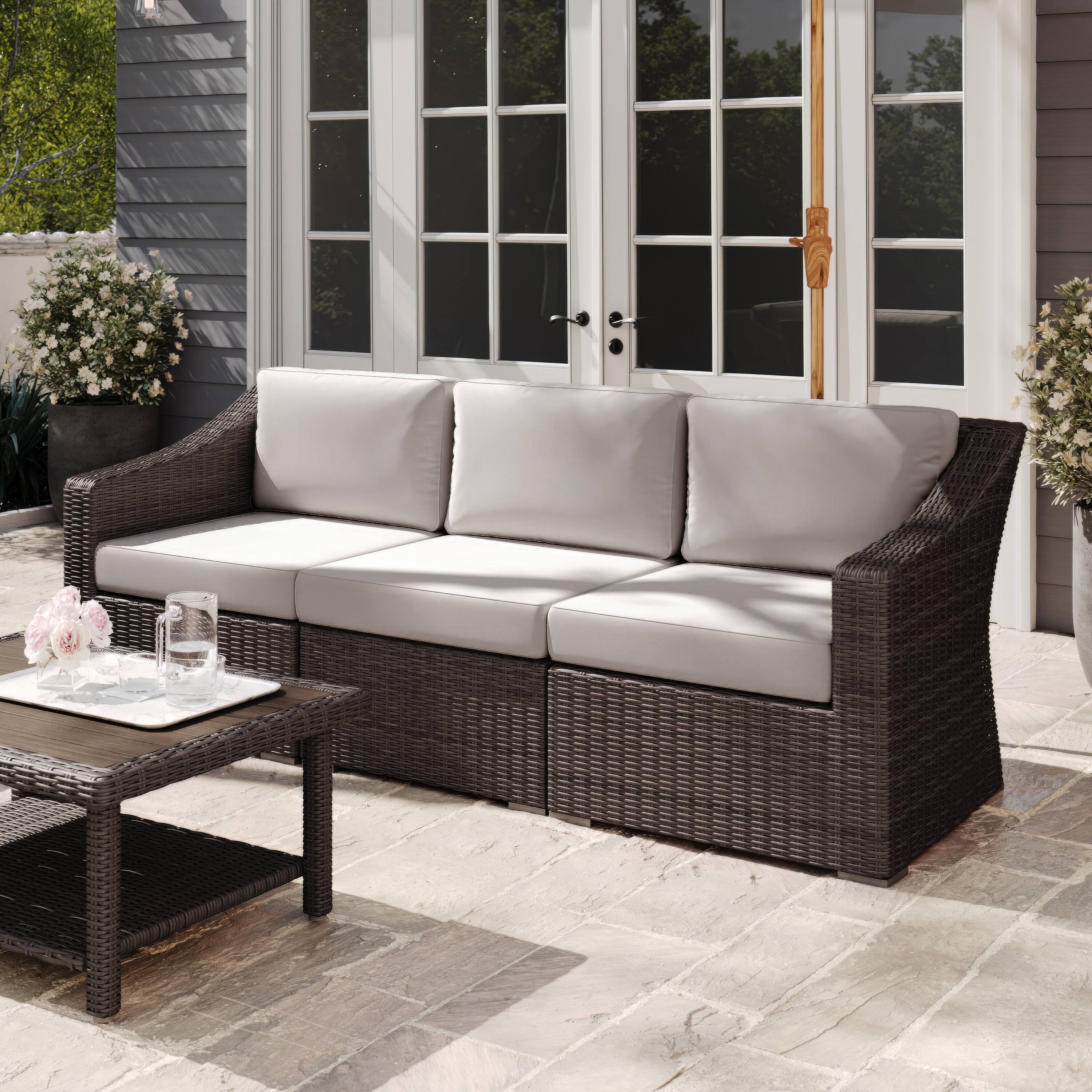 Alt View 4. Martha Stewart - Bedford Outdoor Modular Rattan Wicker Sofa with All-Weather Cushions - Tan Cushions/Brown Frame.