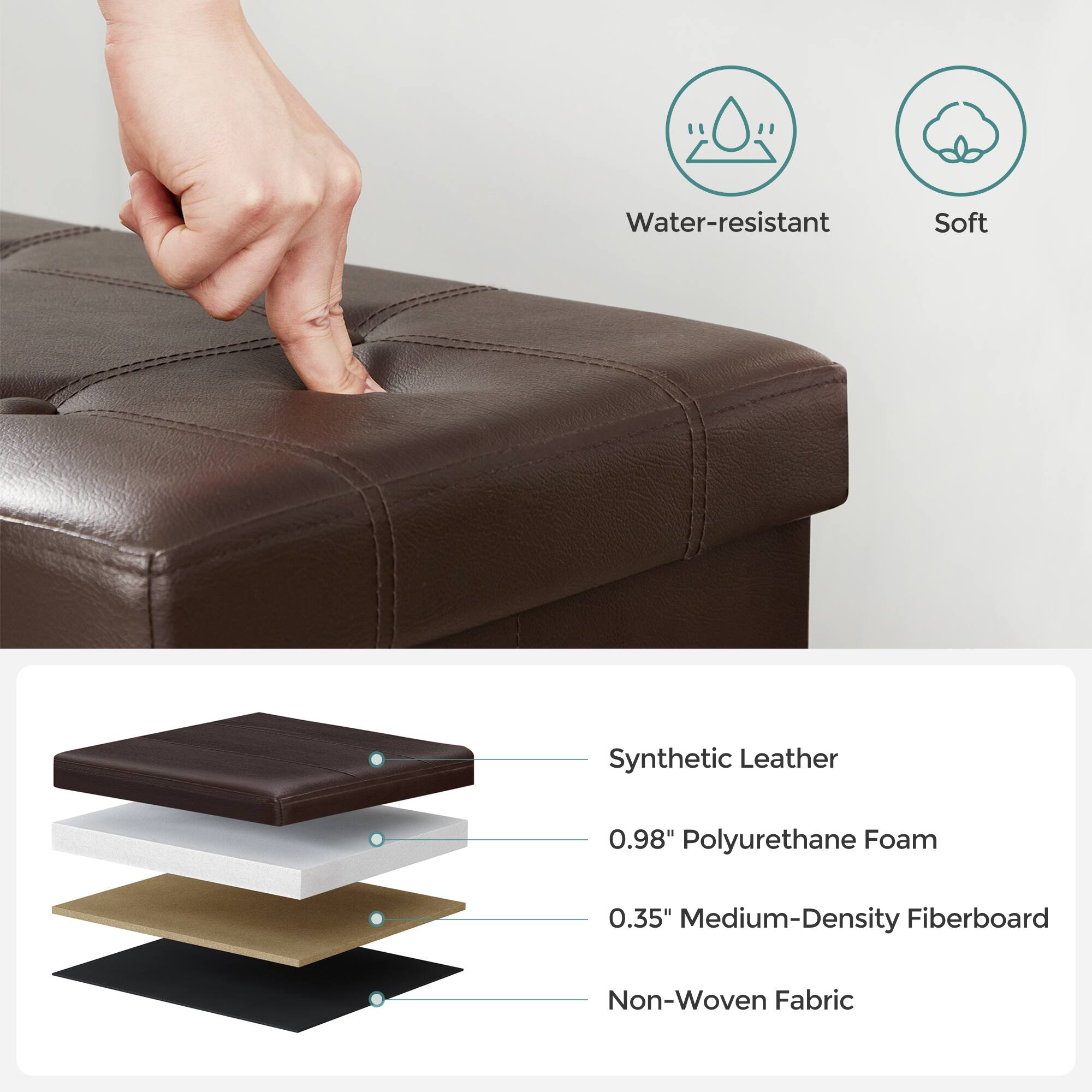 Water-resistant Soft Synthetic Leather  
0.98" Polyurethane Foam  
0.35" Medium-Density Fiberboard  
Non-Woven Fabric