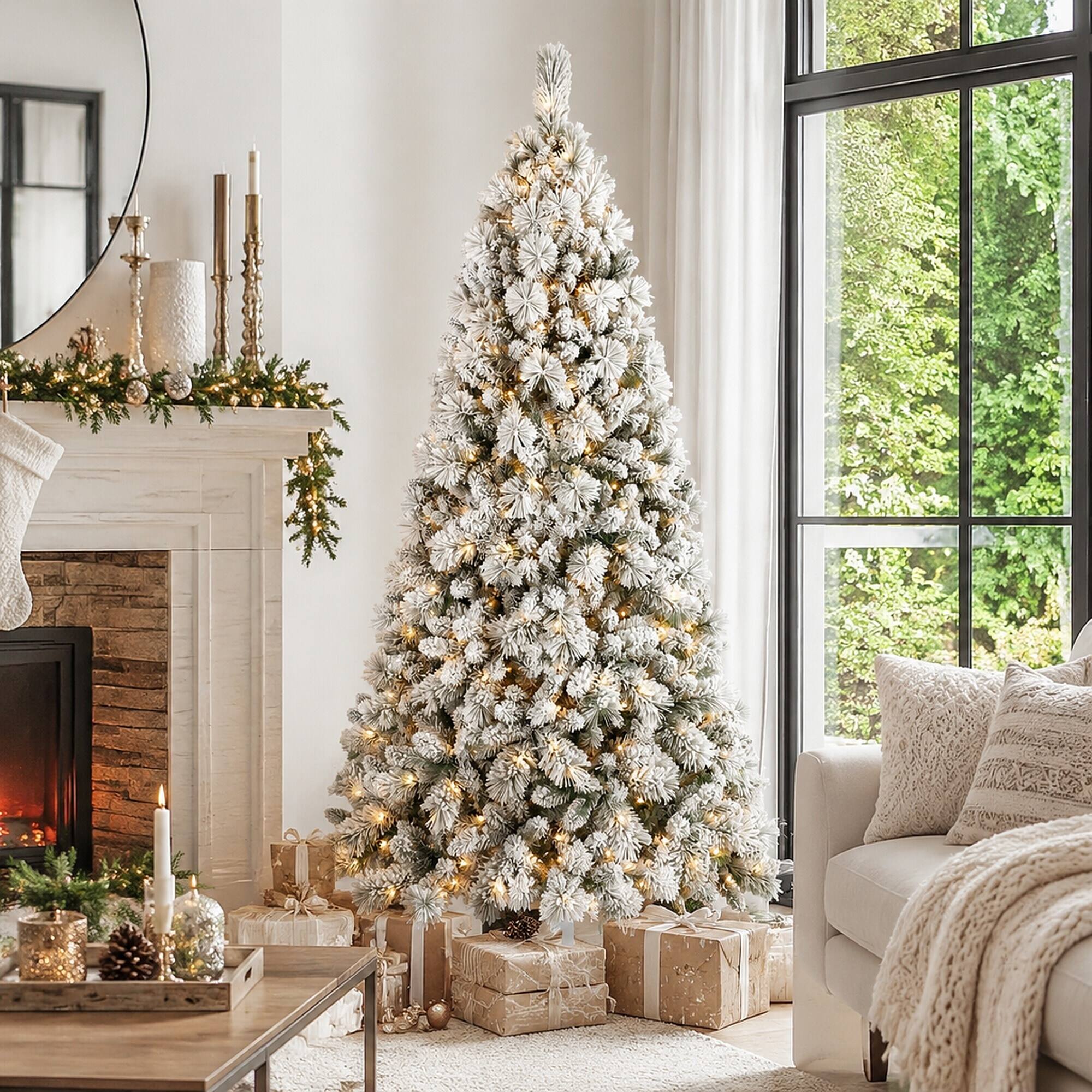 Back. RYHNUYNE - 7FT Flocked Pre-Lit Christmas Tree,450 Warm White LED Lights 1060 Tips PVC Hard Needle Hinged Design - Green,White.