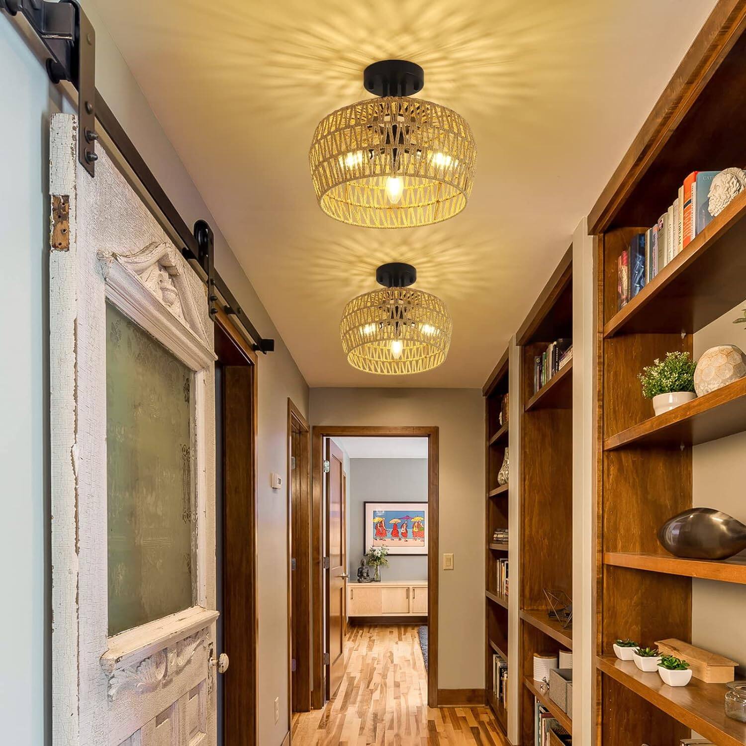 Angle. Malletson - 12.6" Boho Rattan Semi Flush Mount Ceiling Light, 3-Light Natural Wicker Fixture with E12 Socket for Bedroom Kitchen.