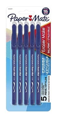 Paper Mate - Eraser Mate Erasable Ballpoint Pen, Medium Point, 5/Pack - Blue Ink