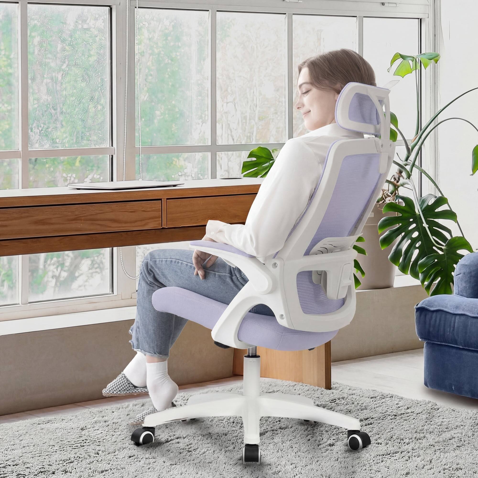 Angle. Neo Chair - Office Desk Chair Computer High Back Support Mesh Comfy Adjustable Ergonomic Headrest Lumbar Rolling Flip-up Armrests - Plastic Base-Purple.