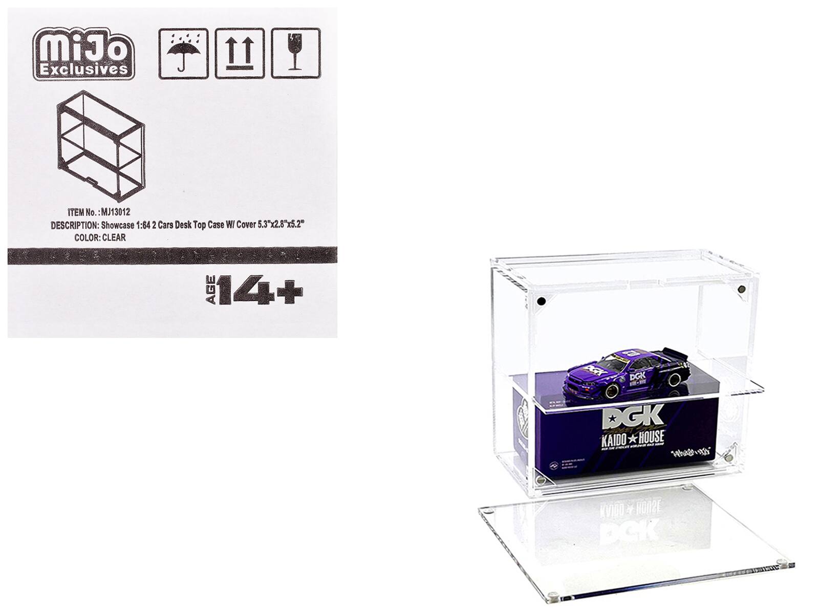 MiJo Exclusives  
ITEM No.: MJ13012  
DESCRIPTION: Showcase 1:64 2 Cars Desk Top Case W/ Cover 5.3"x2.8"x5.2"  
COLOR: CLEAR  
AGE 14+  

DGK  
DGK  
DGK KAIDO HOUSE  
KVIDO Y HONSE pek  
10 TELLAND