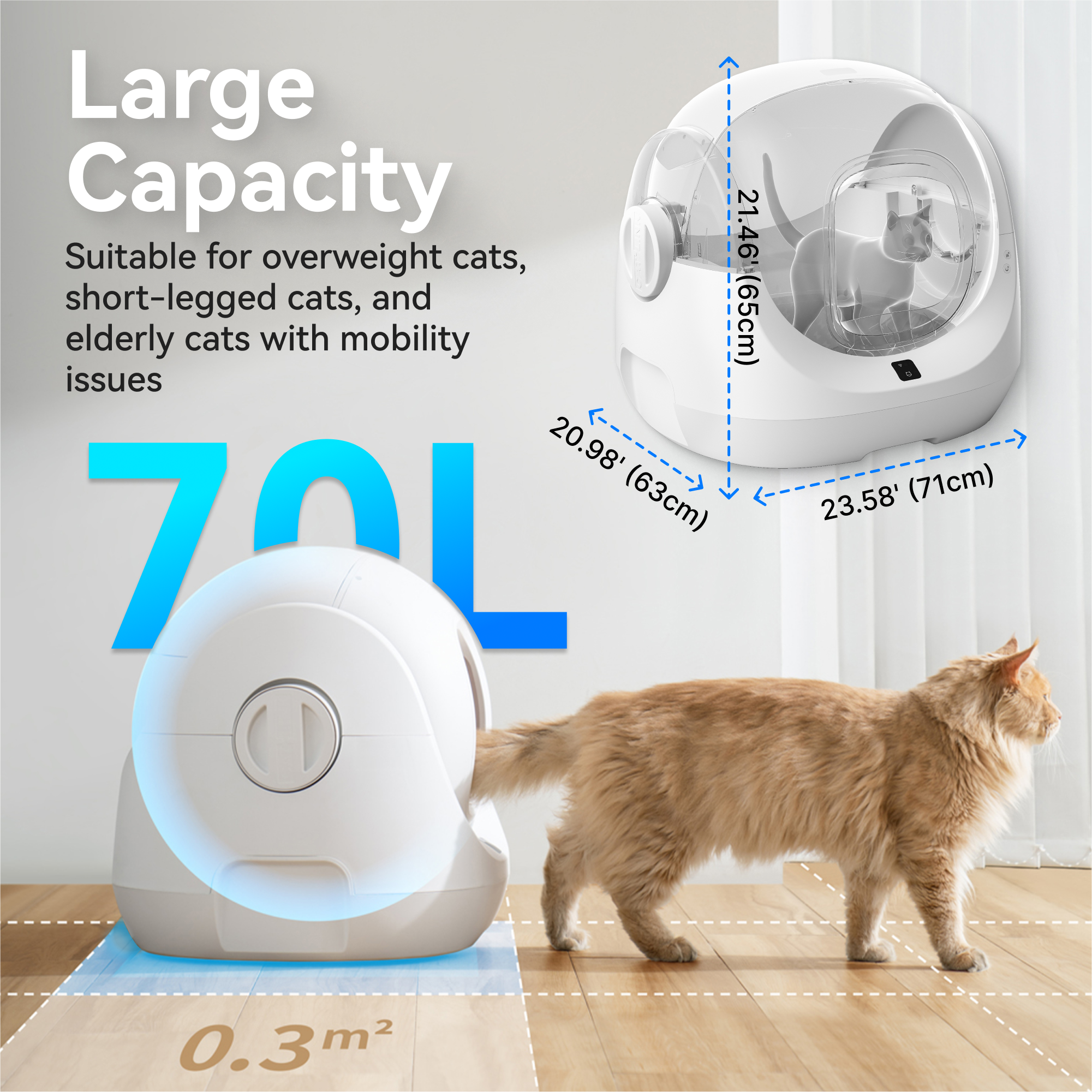 Large Capacity 21.46" (65cm) 20.98" (63cm) 23.58" (71cm) 0.3m²

Suitable for overweight cats, short-legged cats, and elderly cats with mobility issues.