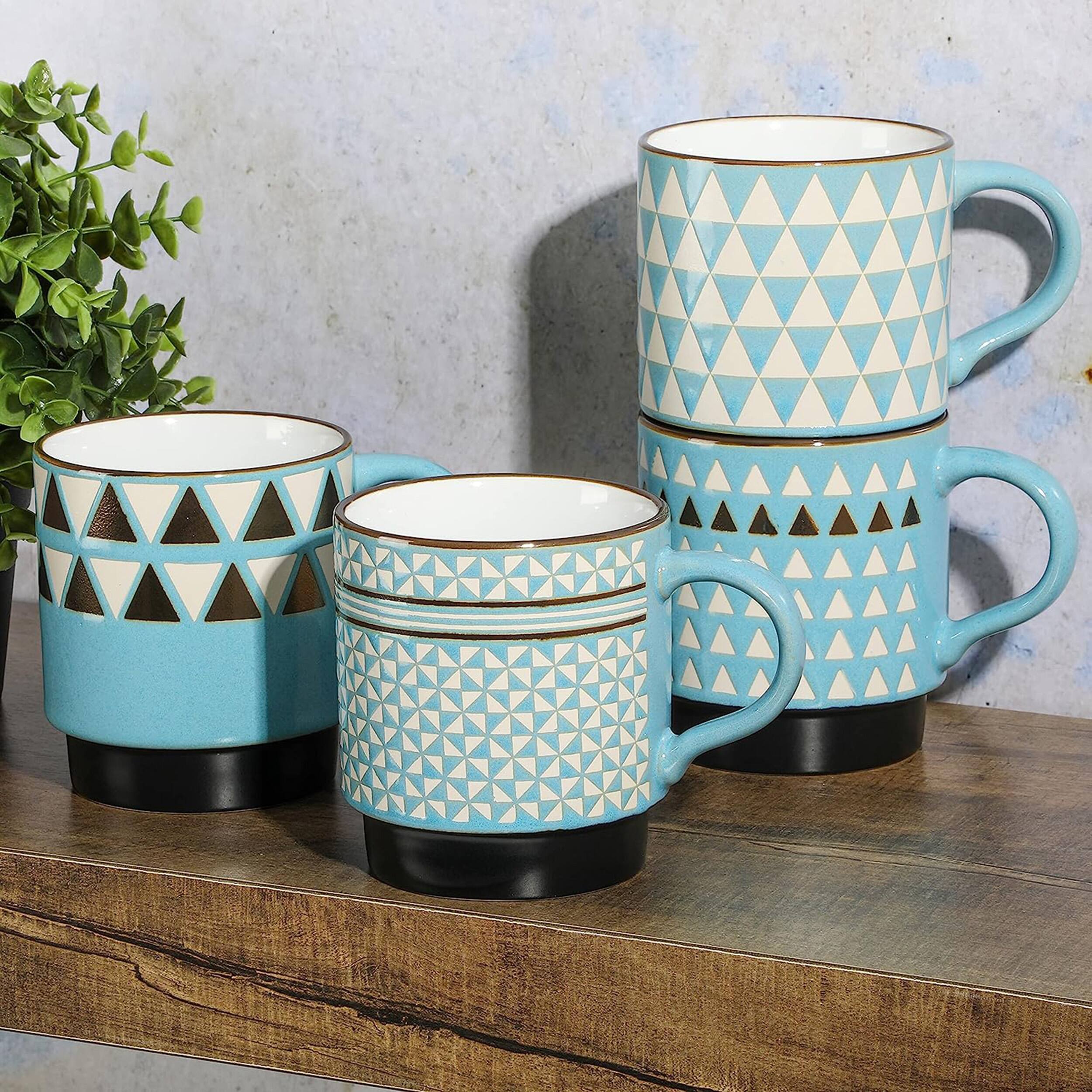 Alt View 5. Mr. Coffee - Mr. Coffee Primevalley 4 Piece 14 Ounce Stackable Assorted Wax Relief Triangle Design Mug Set - Blue.