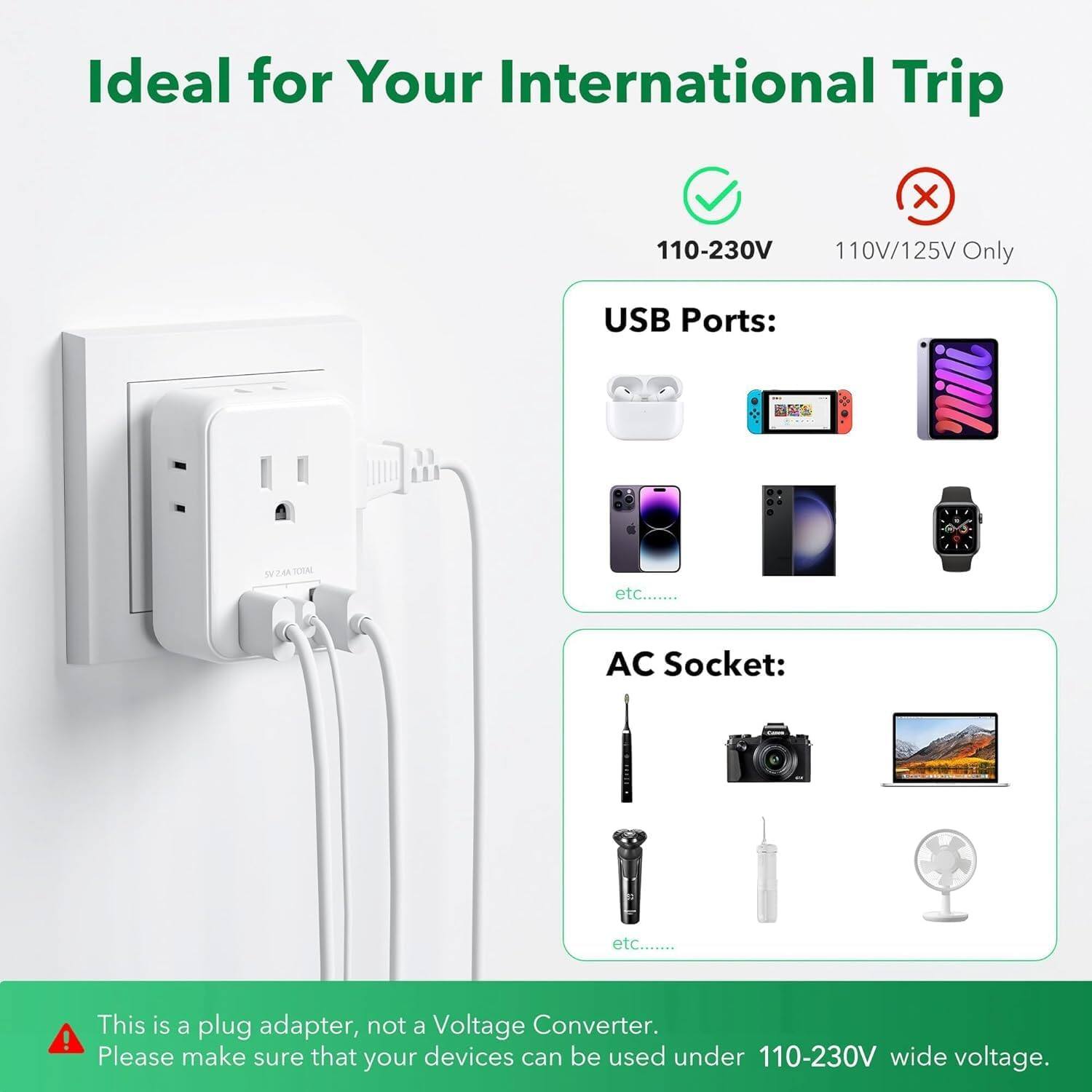 Ideal for Your International Trip

110-230V ✔️  
110V/125V Only ❌

USB Ports:  
- Earbuds  
- Nintendo Switch  
- Smartphone  
- Smartwatch  
- etc......

AC Socket:  
- Camera  
- Laptop  
- Hair Dryer  
- Electric Razor  
- Fan  
- etc......

This is a plug adapter, not a Voltage Converter.  
Please make sure that your devices can be used under 110-230V wide voltage.