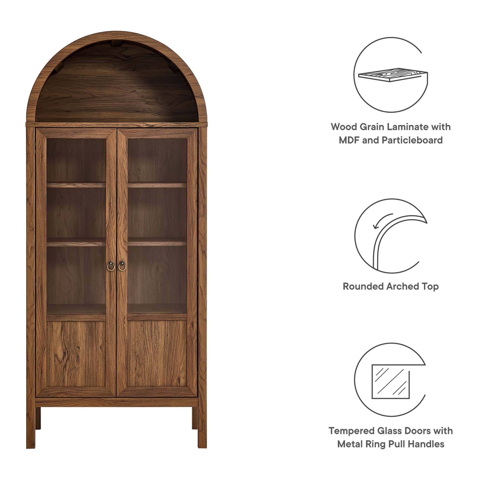 Wood Grain Laminate with MDF and Particleboard  
Rounded Arched Top  
Tempered Glass Doors with Metal Ring Pull Handles
