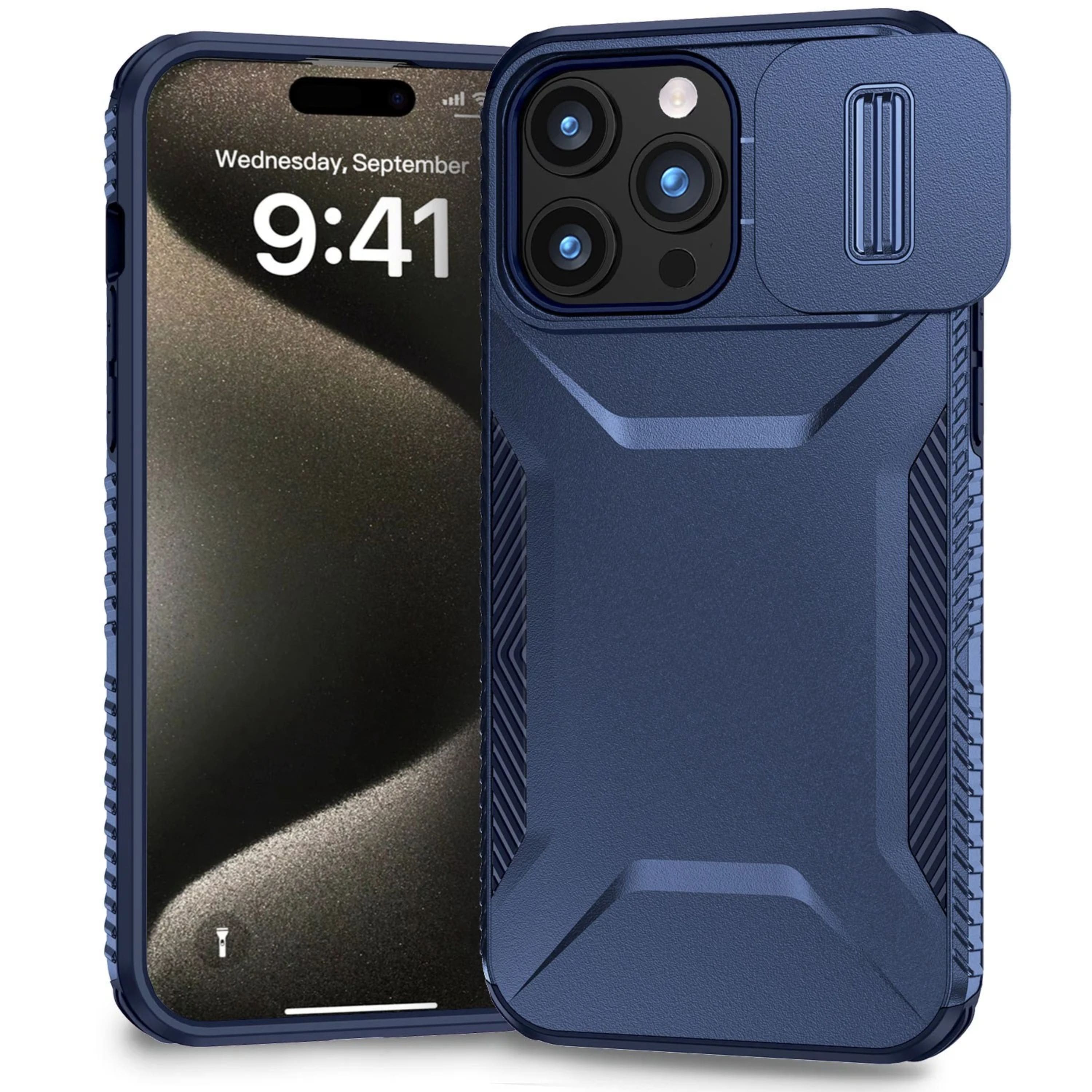 Kitcheniva - Rugged Sliding Lens Cover Case With Tempered Glass For iPhone 15 Pro Max - Dark Blue