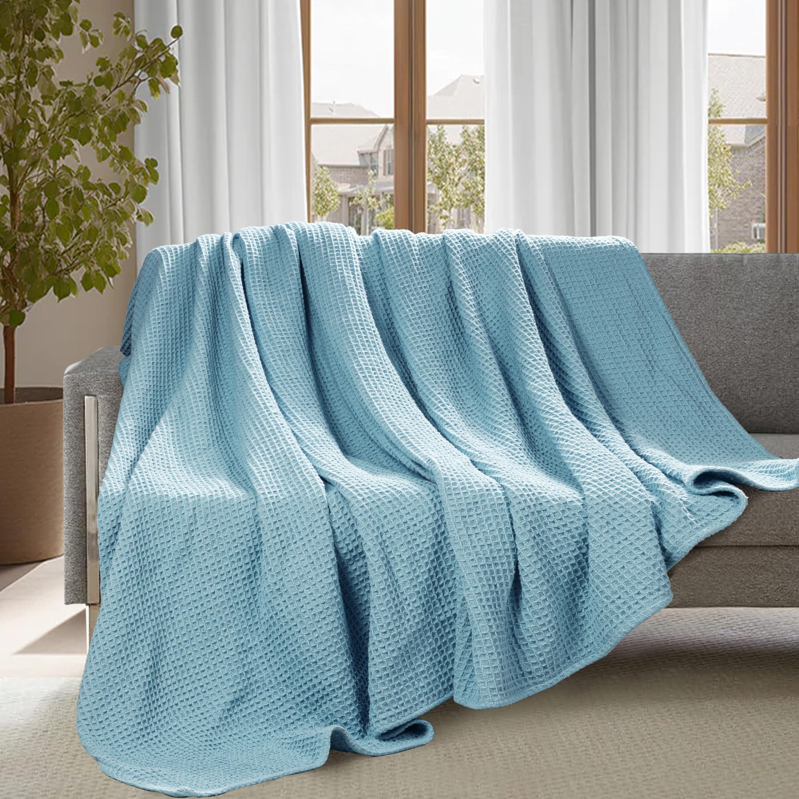 Alt View 6. Paradigms Interiors - Cotton Blankets - Waffle Weave Fall Blanket For Spring Summer Lightweight And Breathable Soft Skin-friendly - White-Queen.