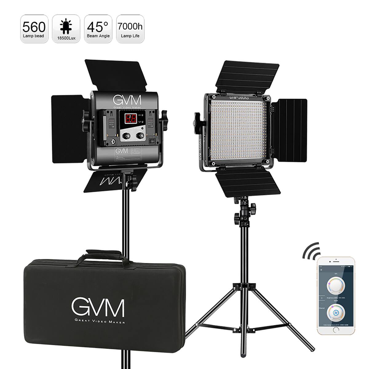 560 Lamp bead  
45° Beam Angle  
7000h Lamp Life  
18500Lux  
GVM Great Video Maker