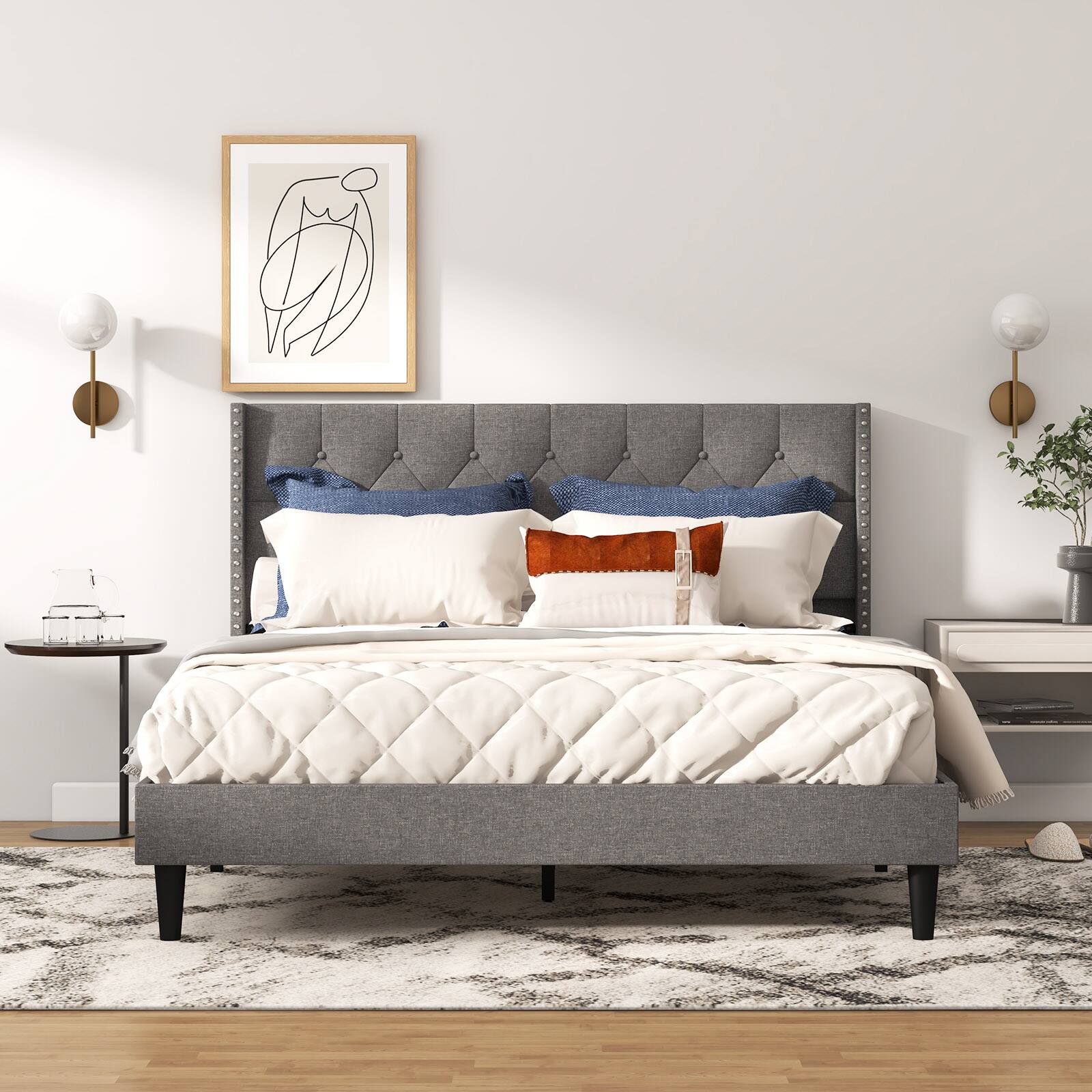 Alt View 8. Ecooso - Queen Size Upholstered Platform Bed with Button Tufted Headboard - Gray.