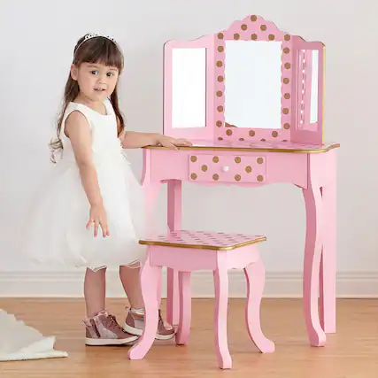 Front. Teamson Kids - Fantasy Fields Polka Dot Prints Gisele Vanity Playset with LED Mirror, Pink/Gold.