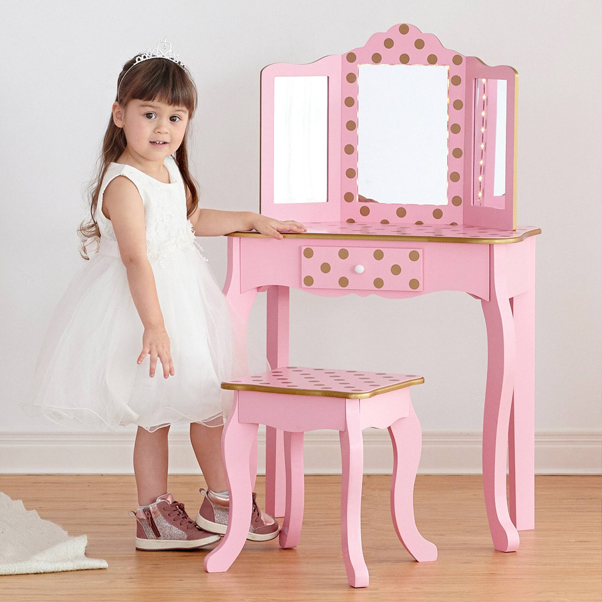 Front. Teamson Kids - Fantasy Fields Polka Dot Prints Gisele Vanity Playset with LED Mirror, Pink/Gold.