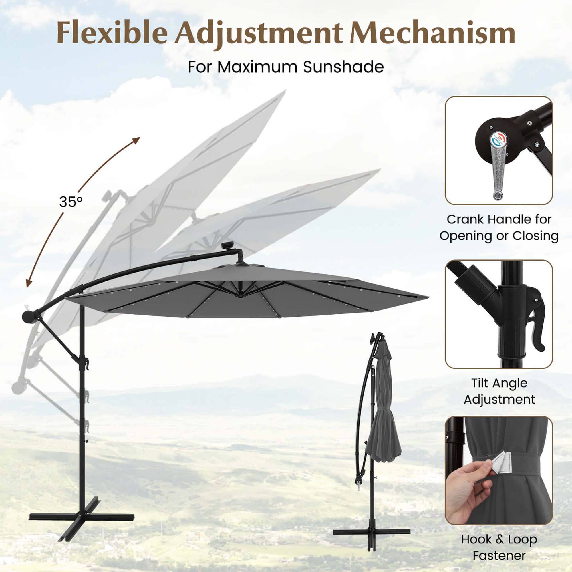 Flexible Adjustment Mechanism For Maximum Sunshade: 35 Crank Handle for Opening or Closing, Tilt Angle Adjustment, Hook & Loop Fastener.