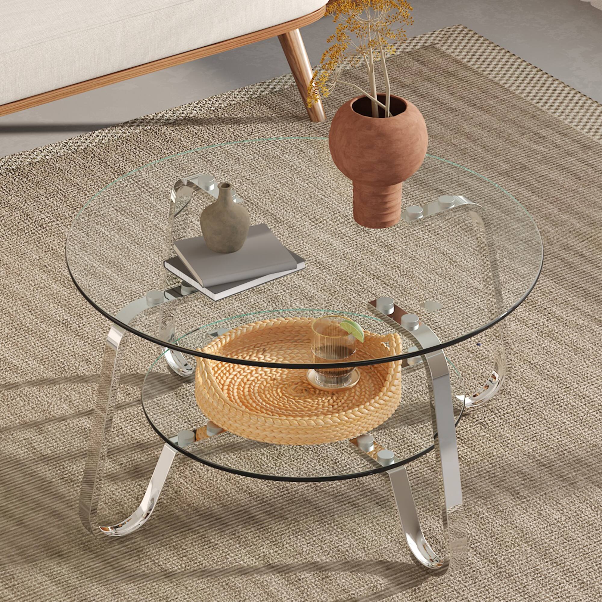 Angle. Loheer - Loheer- 2.6x2.6 ft Square Tempered Glass Coffee Table 2-Tier Metal Frame Center Table for Modern Living Room - Silver.