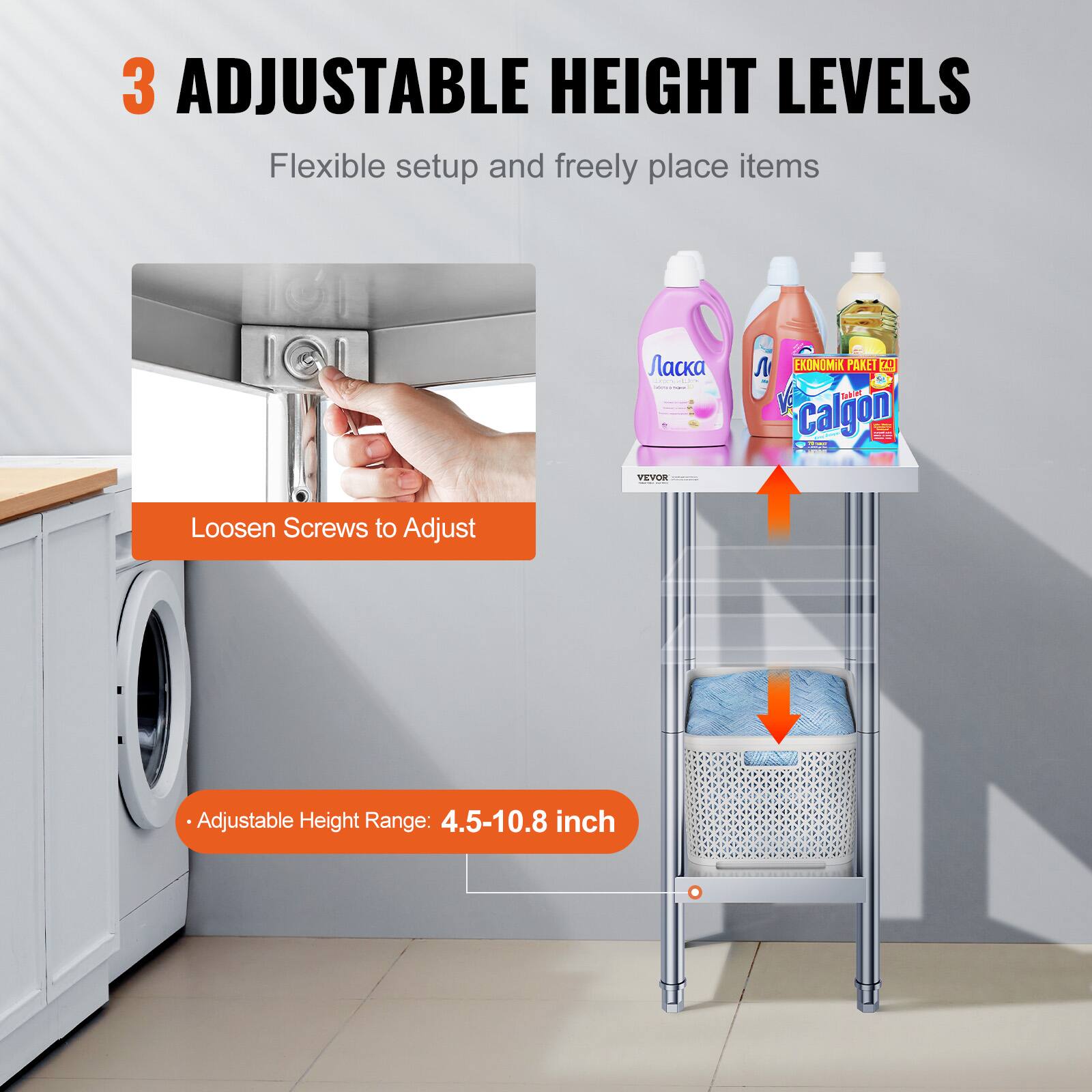 3 ADJUSTABLE HEIGHT LEVELS Flexible setup and freely place items | | | d  e VEVOR    EKONOMIX PAKET  . Lhet Calgon I | 1 ..  - I Loosen Screws to Adjust Adjustable Height Range: 4.5-10.8 inch