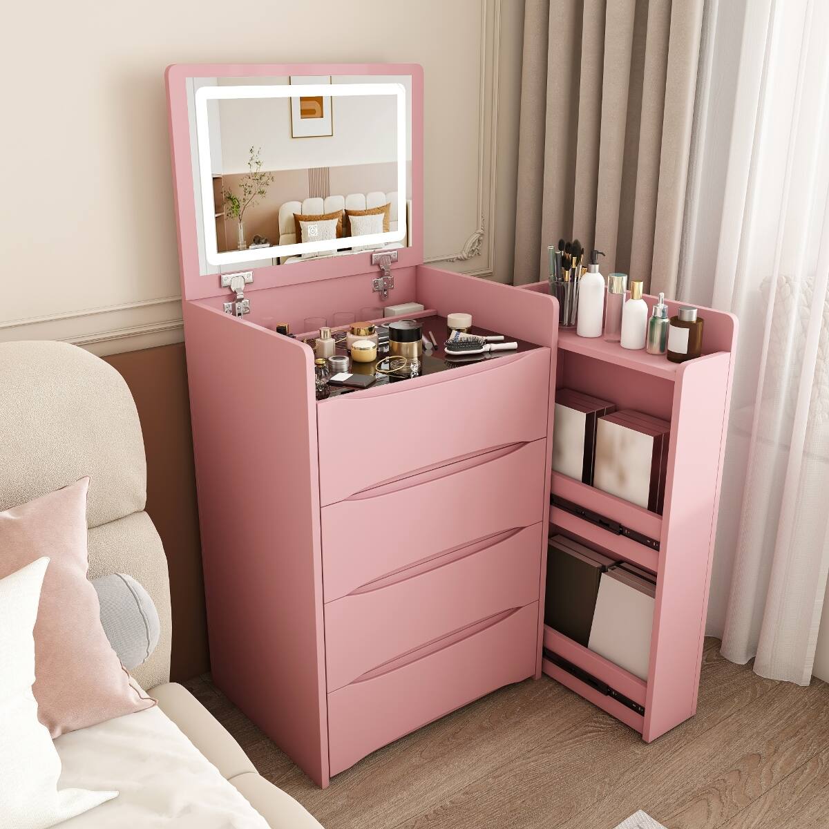 Alt View 6. Loheer - Loheer 3-in-1 Flip Mirror Vanity Desk with Adjustable LED Lighting, Pink MDF Bedroom Furniture - Pink.