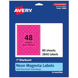Avery - Printable Starburst Labels, Neon Magenta, 1", 3,840ct - Pink