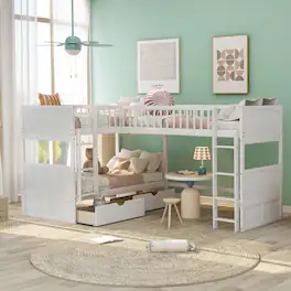 Loheer - Twin Bunk Bed with Loft Attached, Triple Bunk Bed with Drawers - White