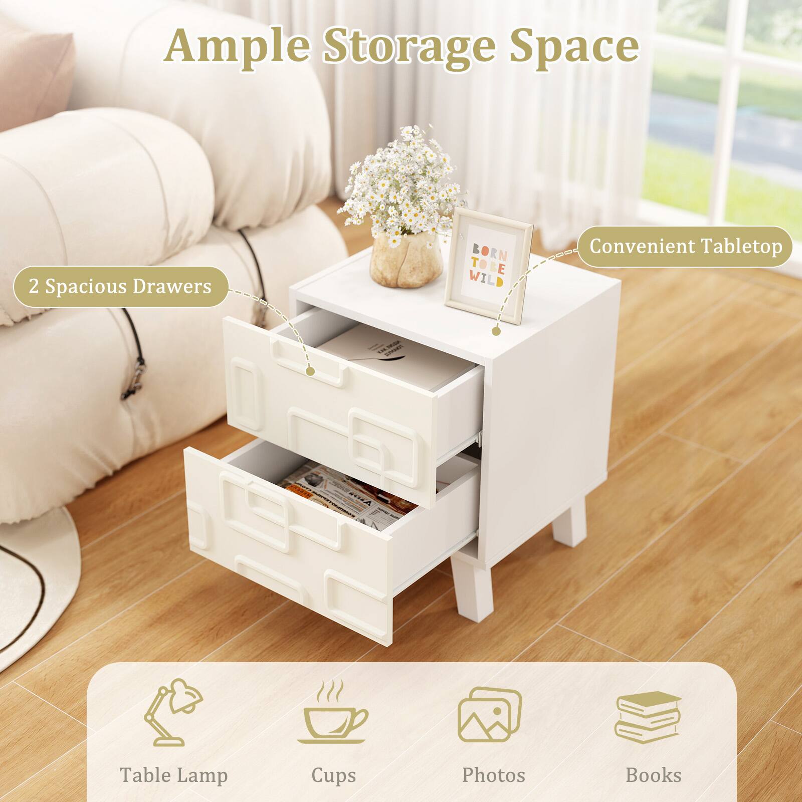 Ample Storage Space

2 Spacious Drawers

Convenient Tabletop

Table Lamp

Cups

Photos

Books