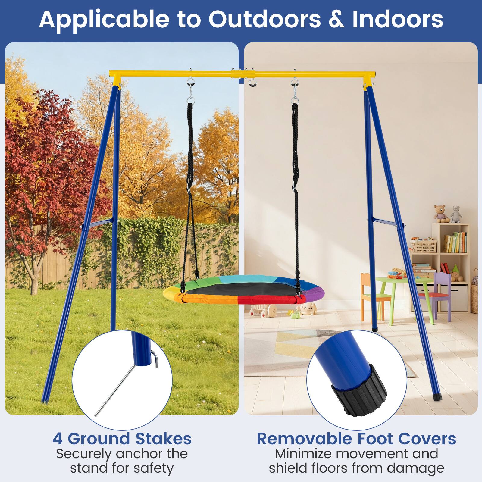 Applicable to Outdoors & Indoors

4 Ground Stakes
Securely anchor the stand for safety

Removable Foot Covers
Minimize movement and shield floors from damage