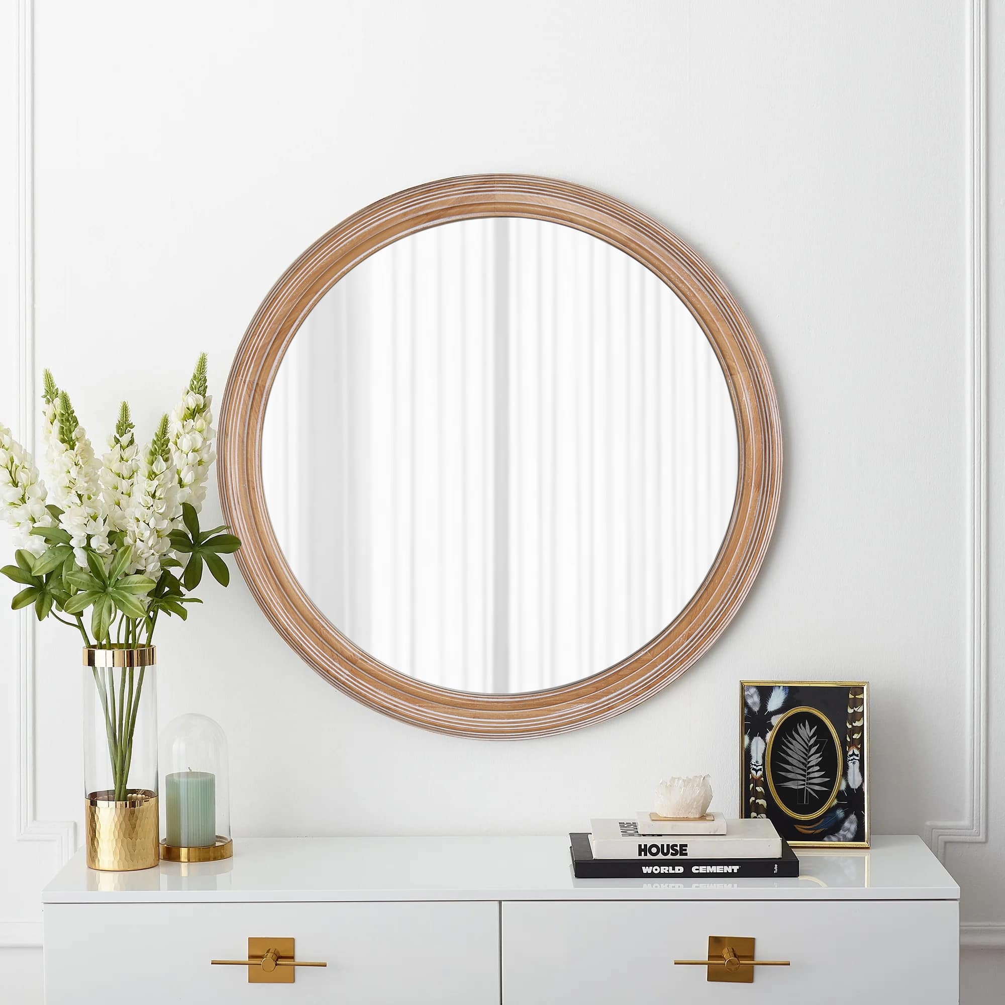 PAIHOME - Round Wall Mirror for Bathroom Vanity, Wooden Farmhouse Circle Mirrors for Bedroom, Entryway, Living Room - 27.5” ×27.5"-Brown