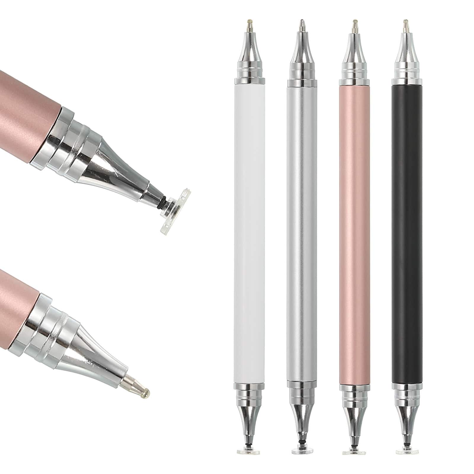 Unique Bargains - 4pcs Ballpoint Pen with Stylus Tip 2 in 1 Ink Pen Fine Point Disc Stylus Pens for Touch Screens Universal Capacitive - White Black Silver Pink